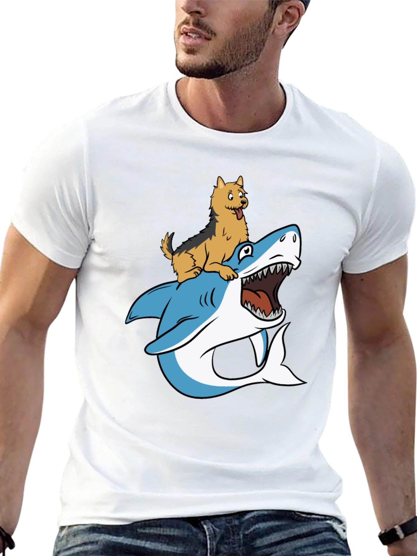 Dog Riding Shark Graphic Tee - Black