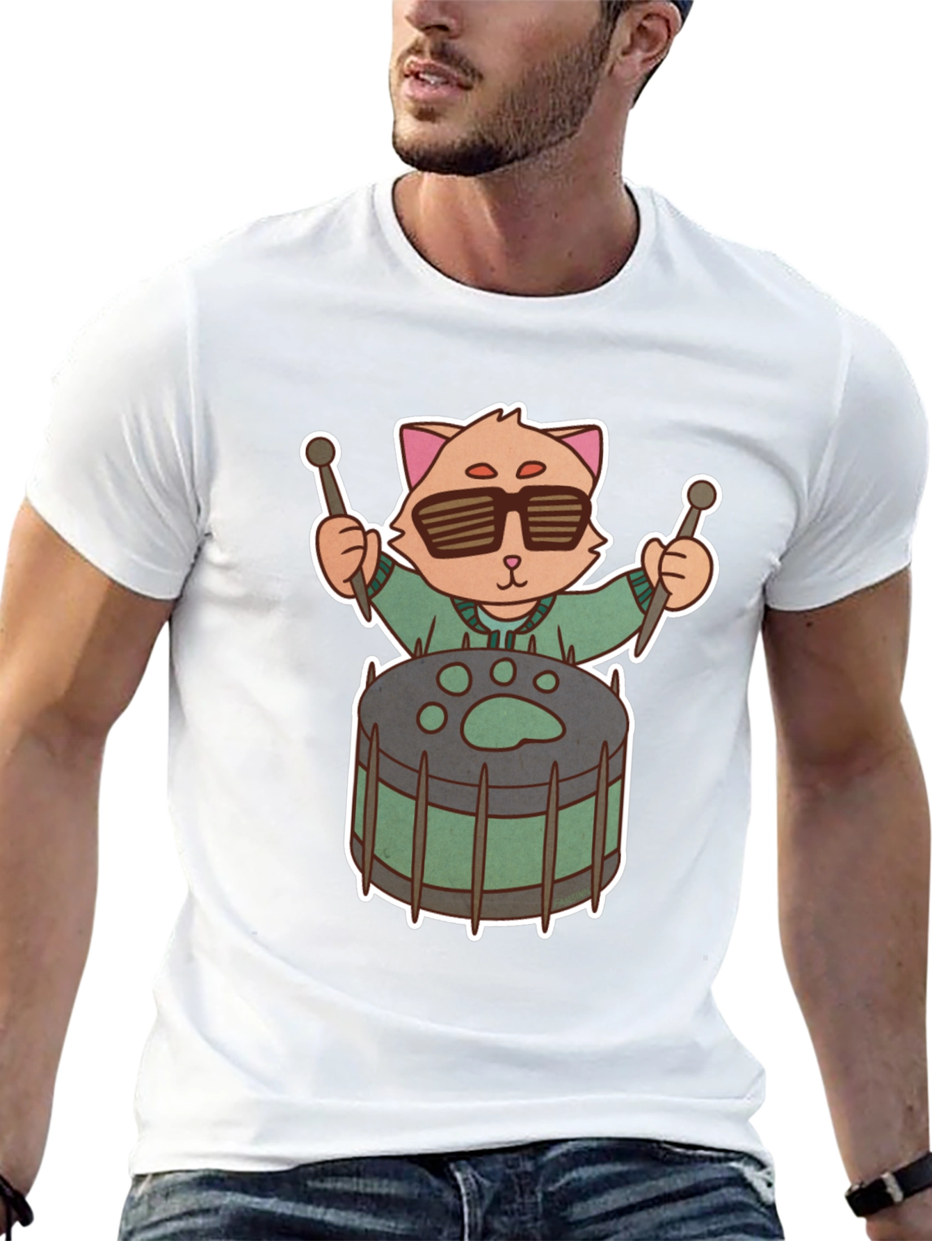 Cool Cat Drummer Graphic Tee - Unique Black T-Shirt