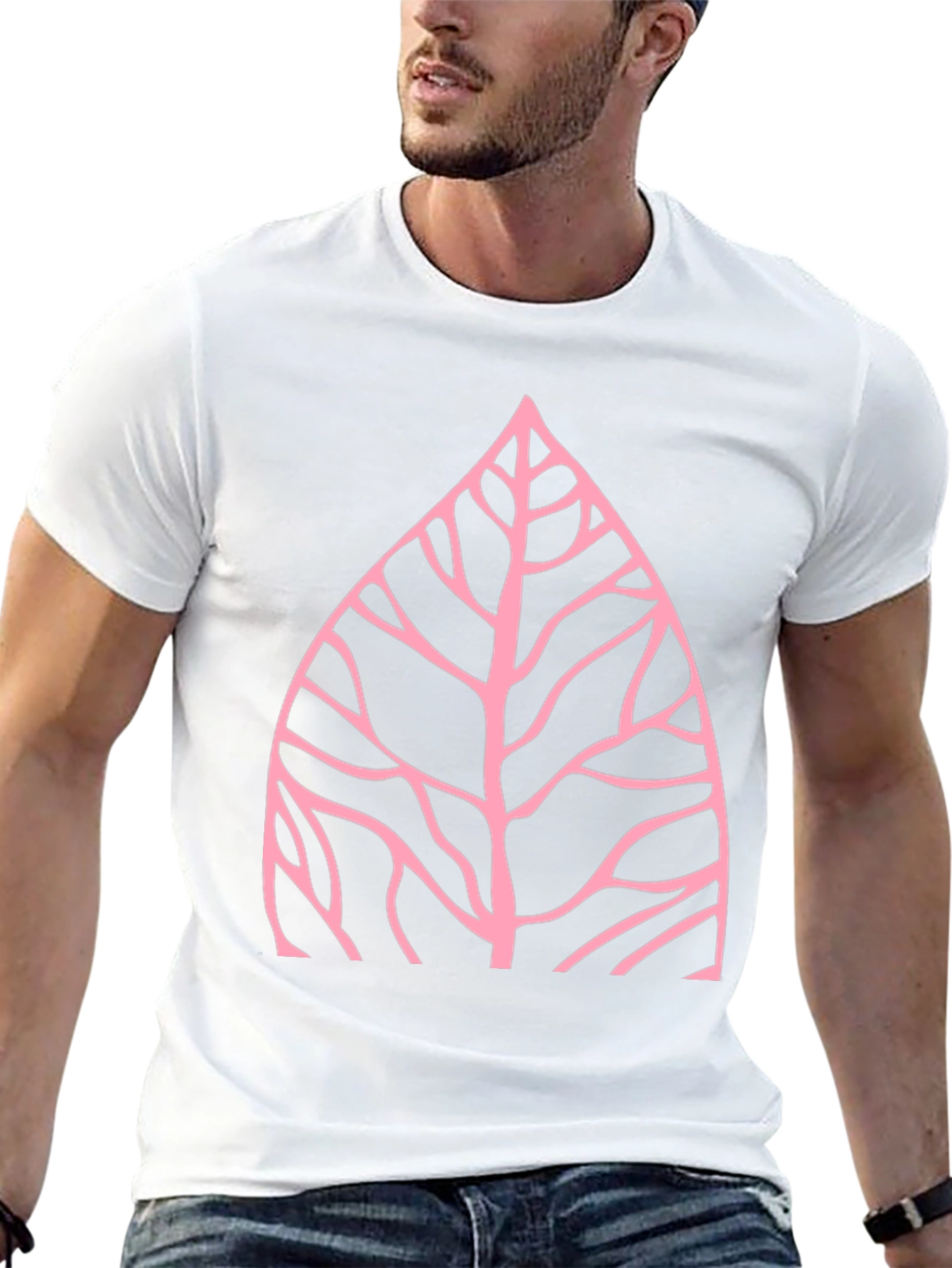 Nature Inspired Pink Leaf Graphic Black T-Shirt