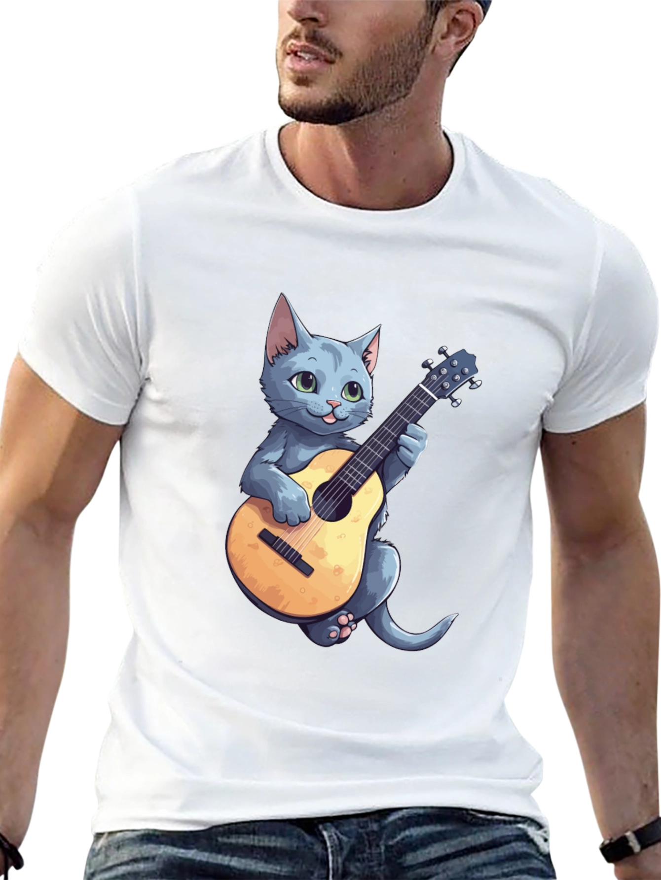 Cat Playing Guitar Graphic Tee - Black