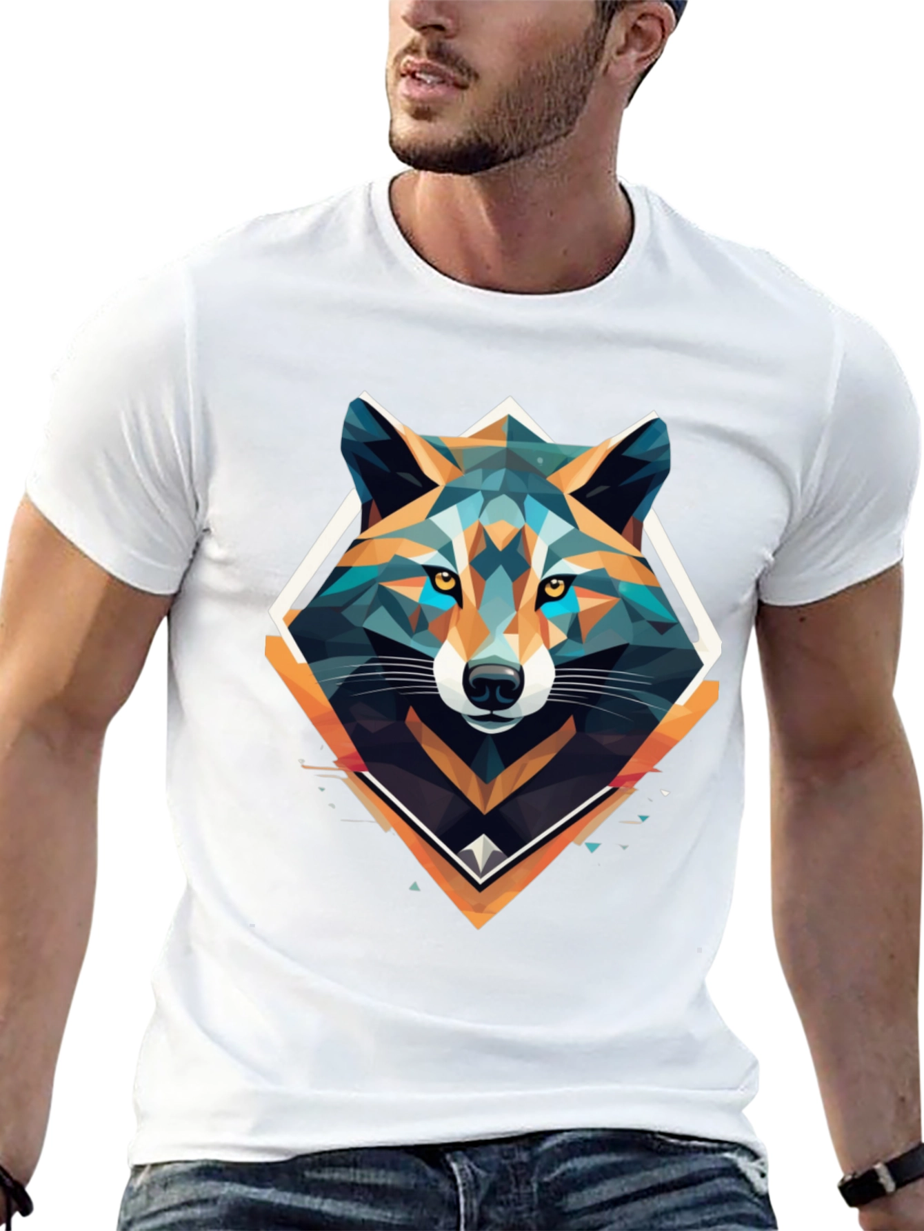 Geometric Wolf Graphic Print Black T-Shirt