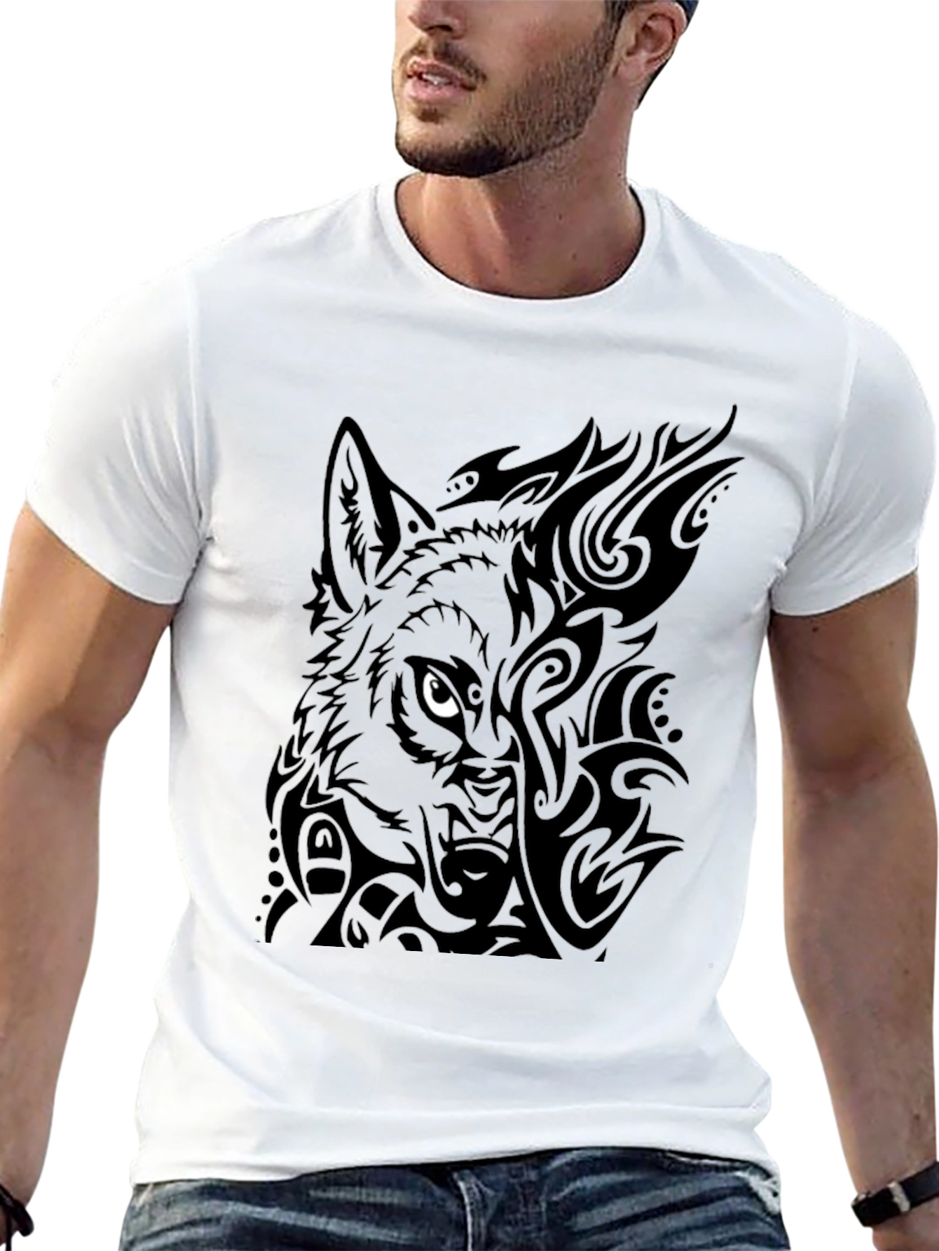 Tribal Wolf Graphic Tee - Black Cotton Blend