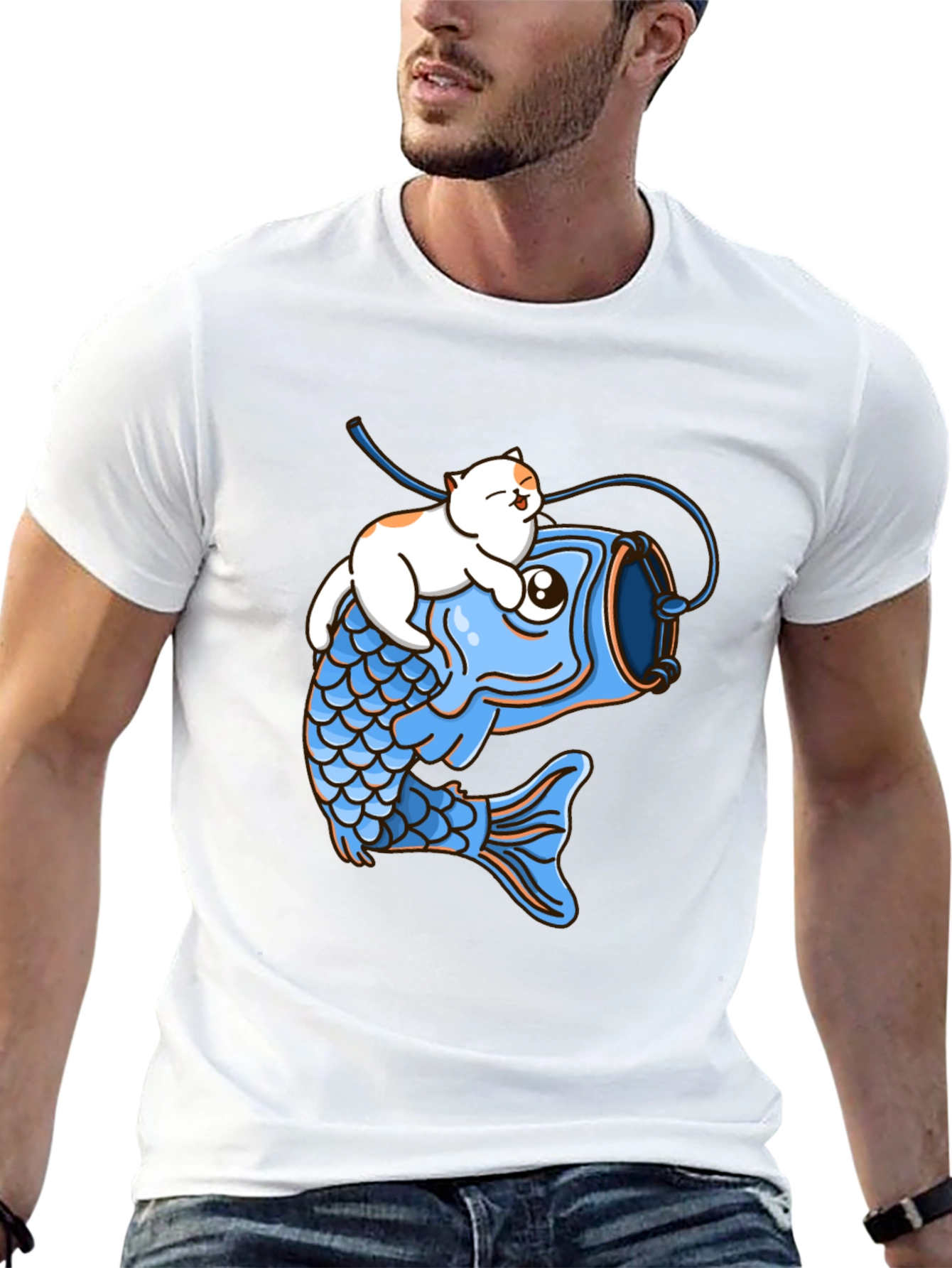 Cat Riding Fish Graphic T-Shirt