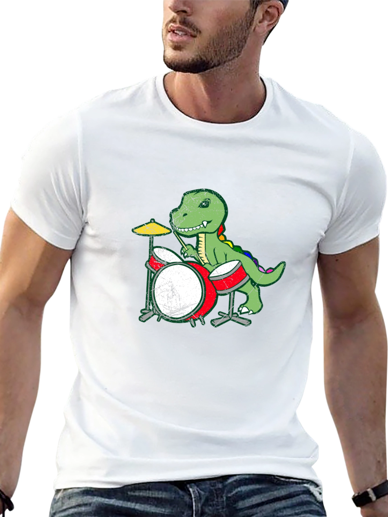 Dino Drummer Graphic Tee - Black Cotton T-Shirt