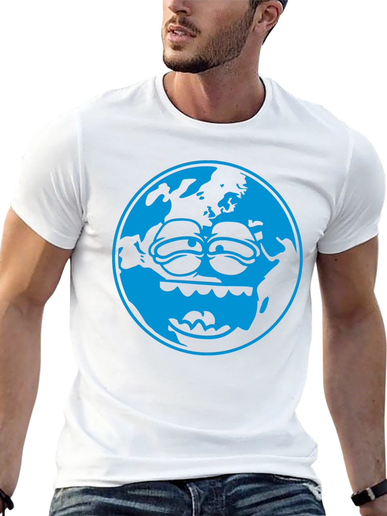 Cartoon Earth Graphic Tee - Black Cotton T-Shirt