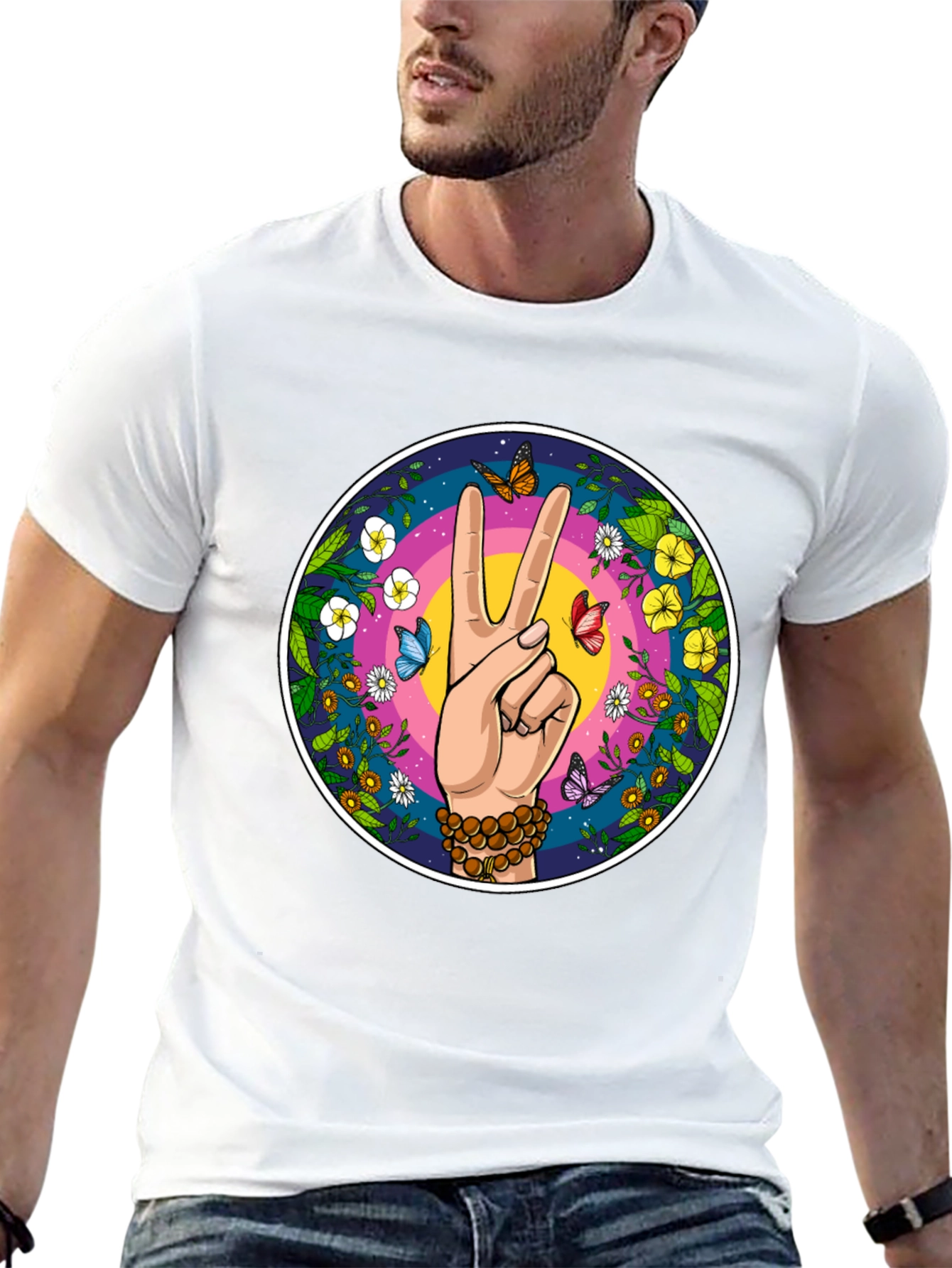 Peace Sign Butterfly Graphic Tee - Black