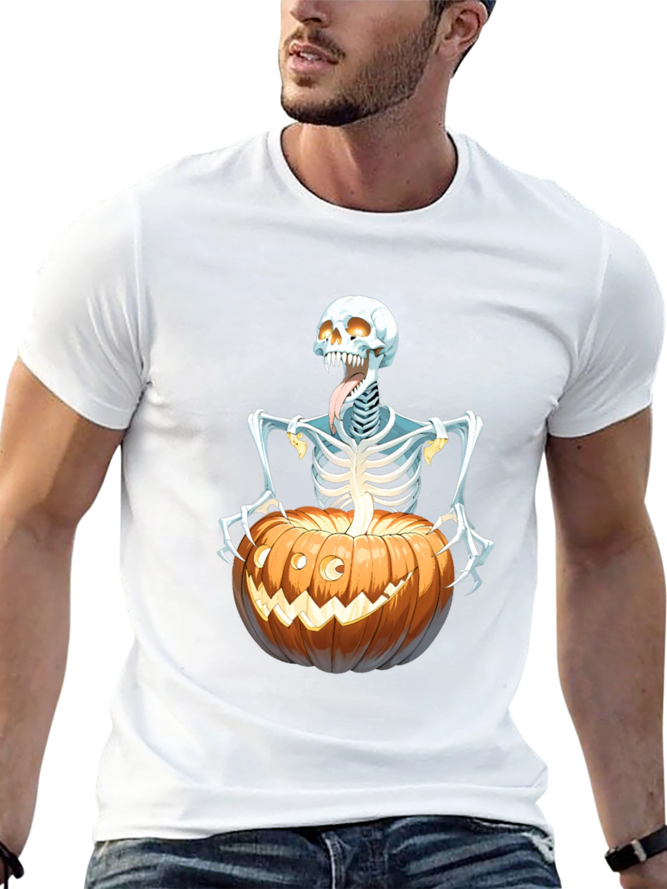 Spooky Skeleton Pumpkin Graphic Tee - Halloween Shirt