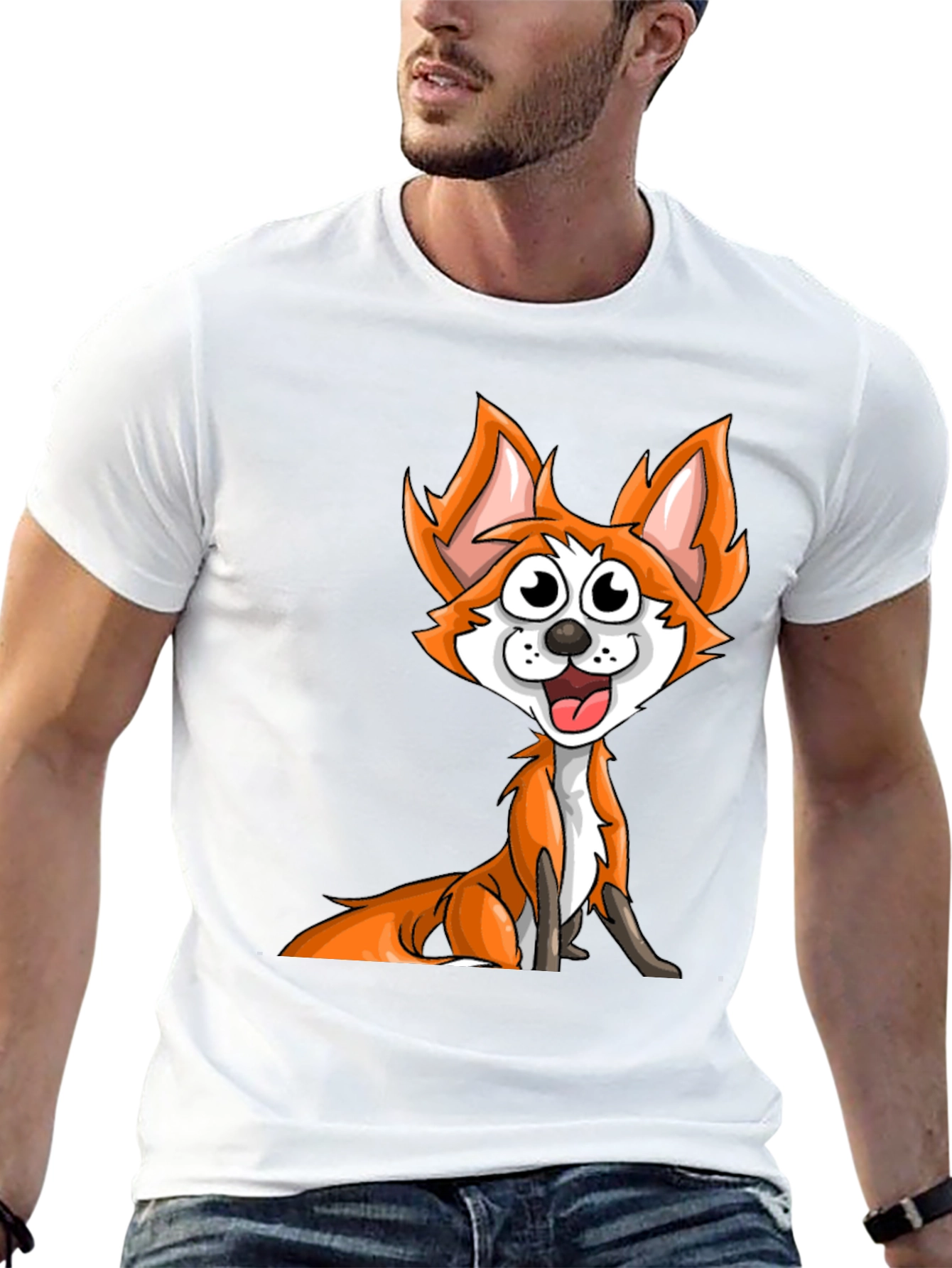 Cartoon Fox Graphic Tee - Black Crew Neck T-Shirt