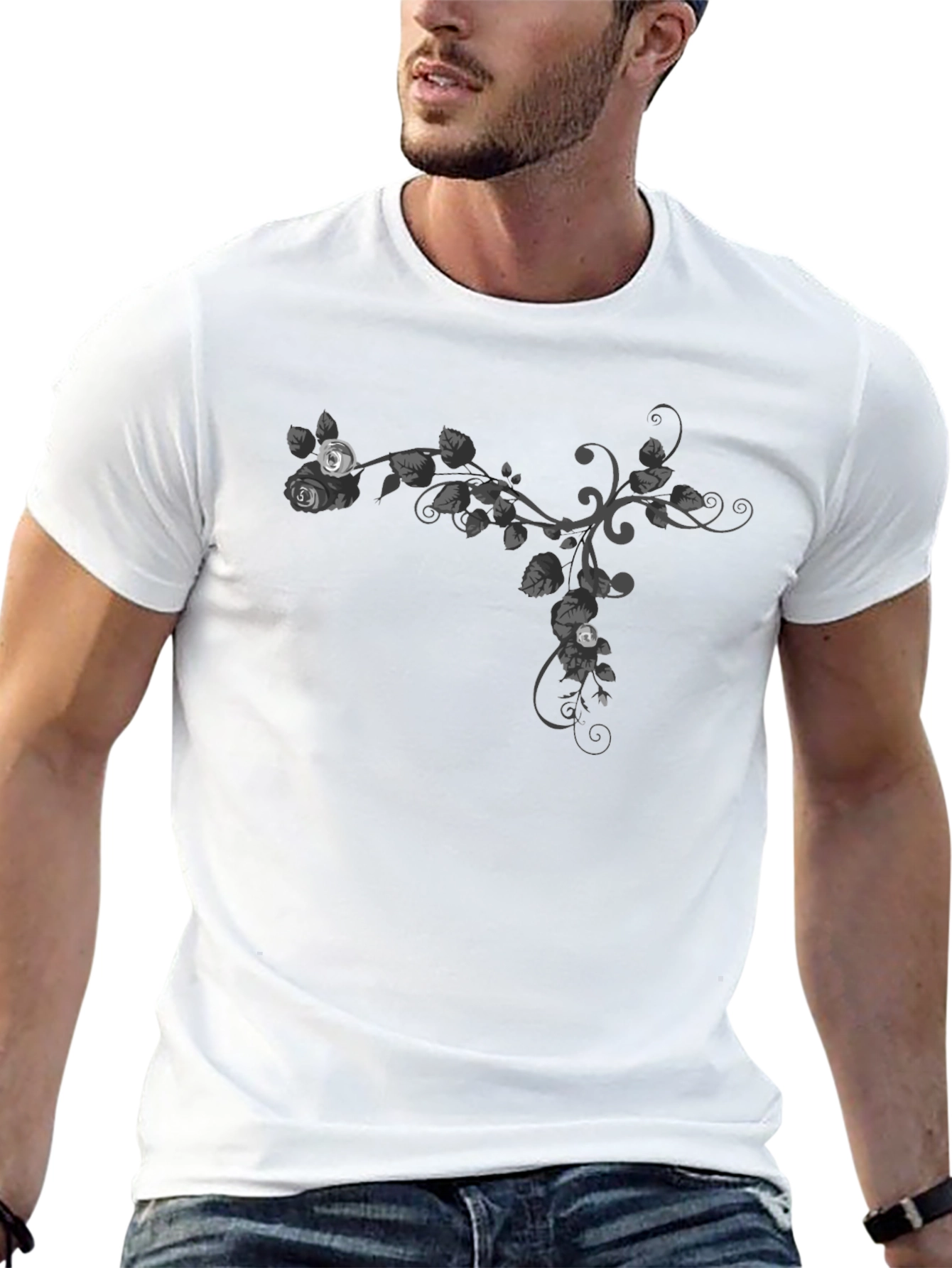 Floral Vine Graphic Tee - Casual Black T-Shirt