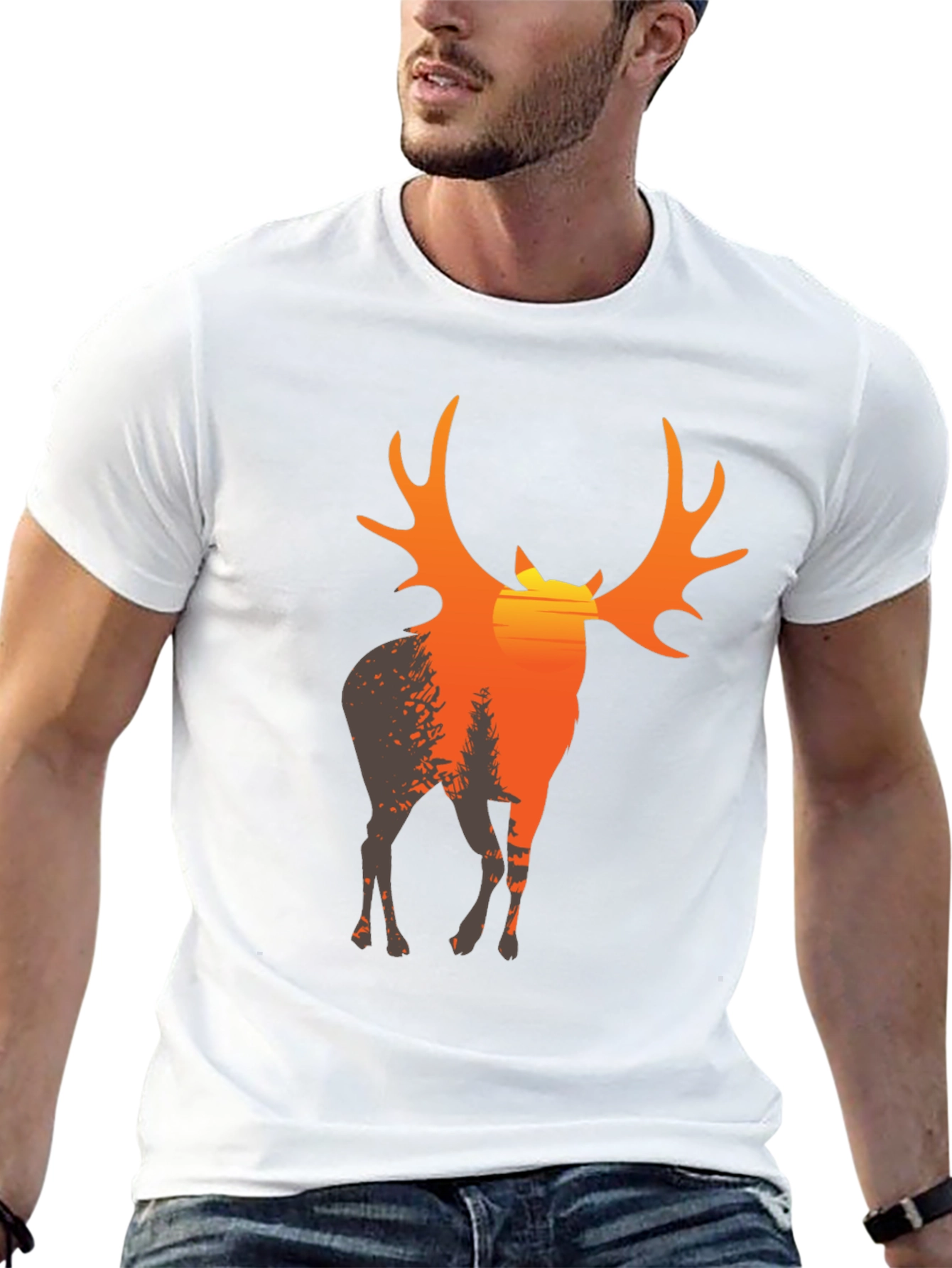 Mens Black T-Shirt with Deer Sunset Graphic