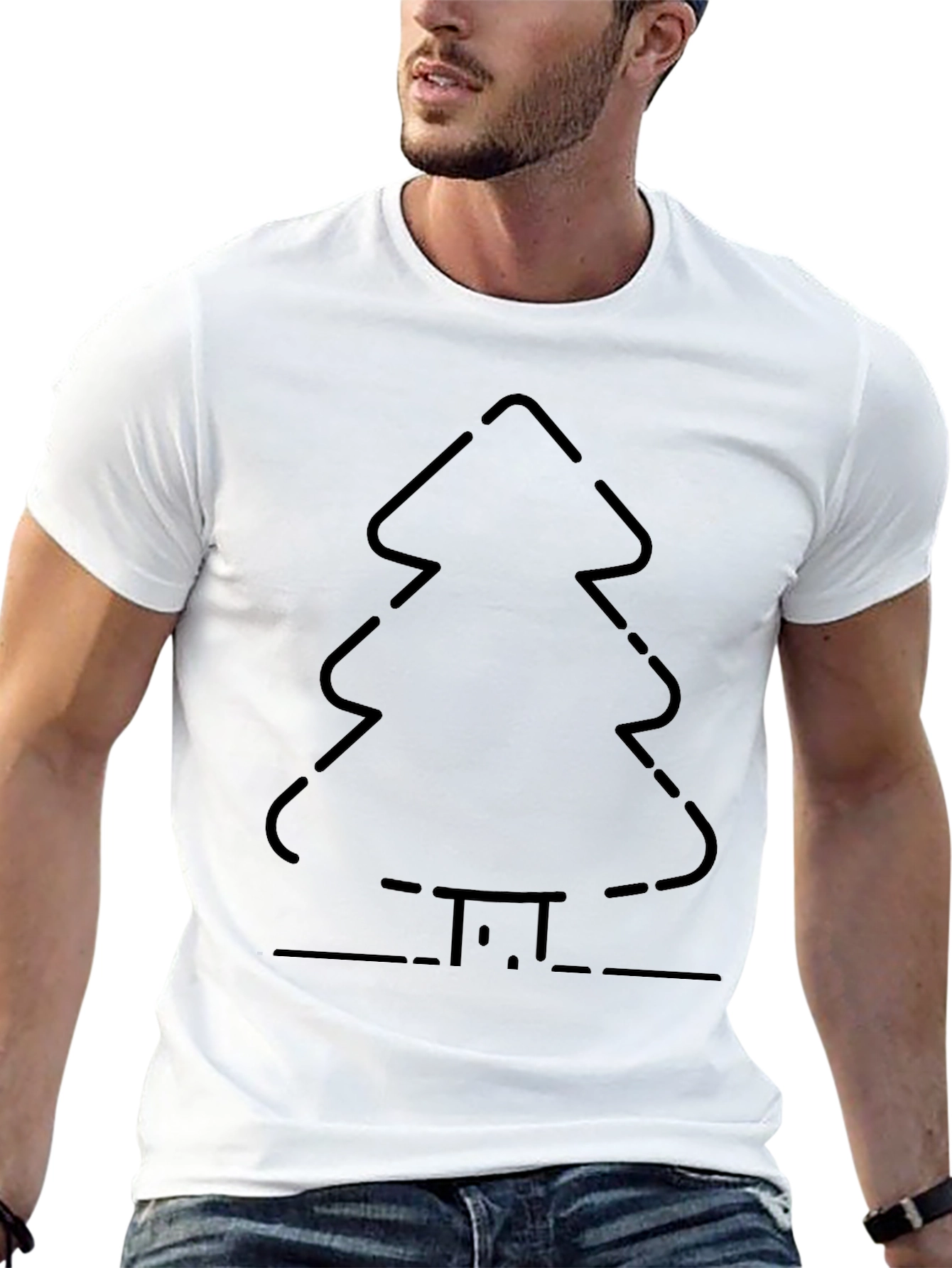 Christmas Tree Outline Graphic Tee - Black Cotton
