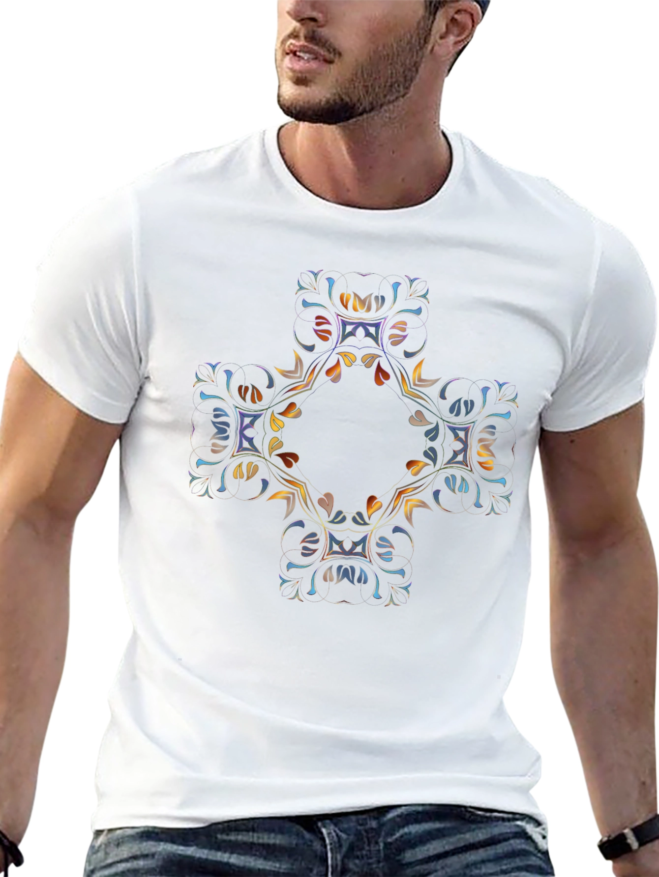 Abstract Floral Cross Graphic Black T-Shirt