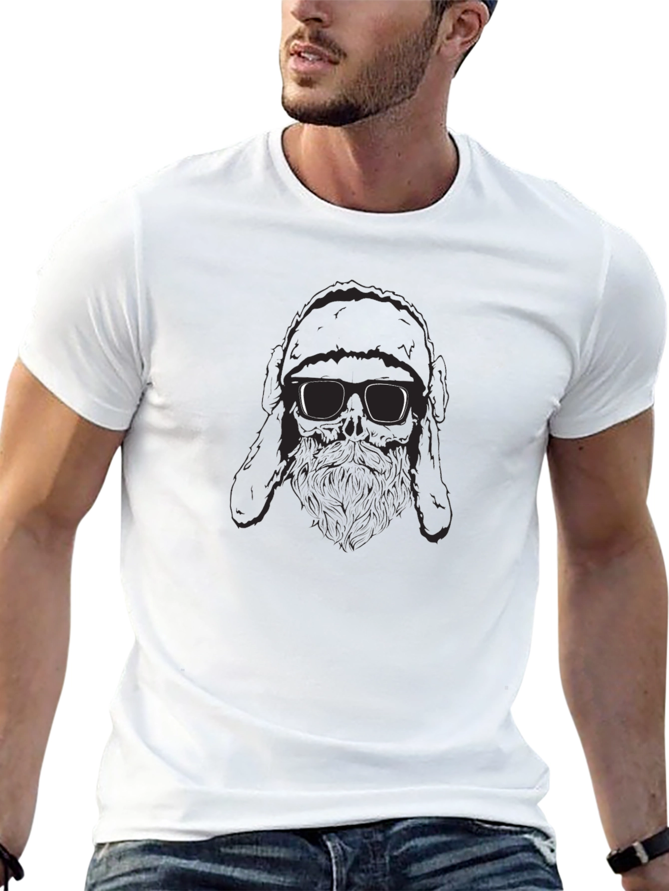 Black T-Shirt with Bearded Figure Graphic