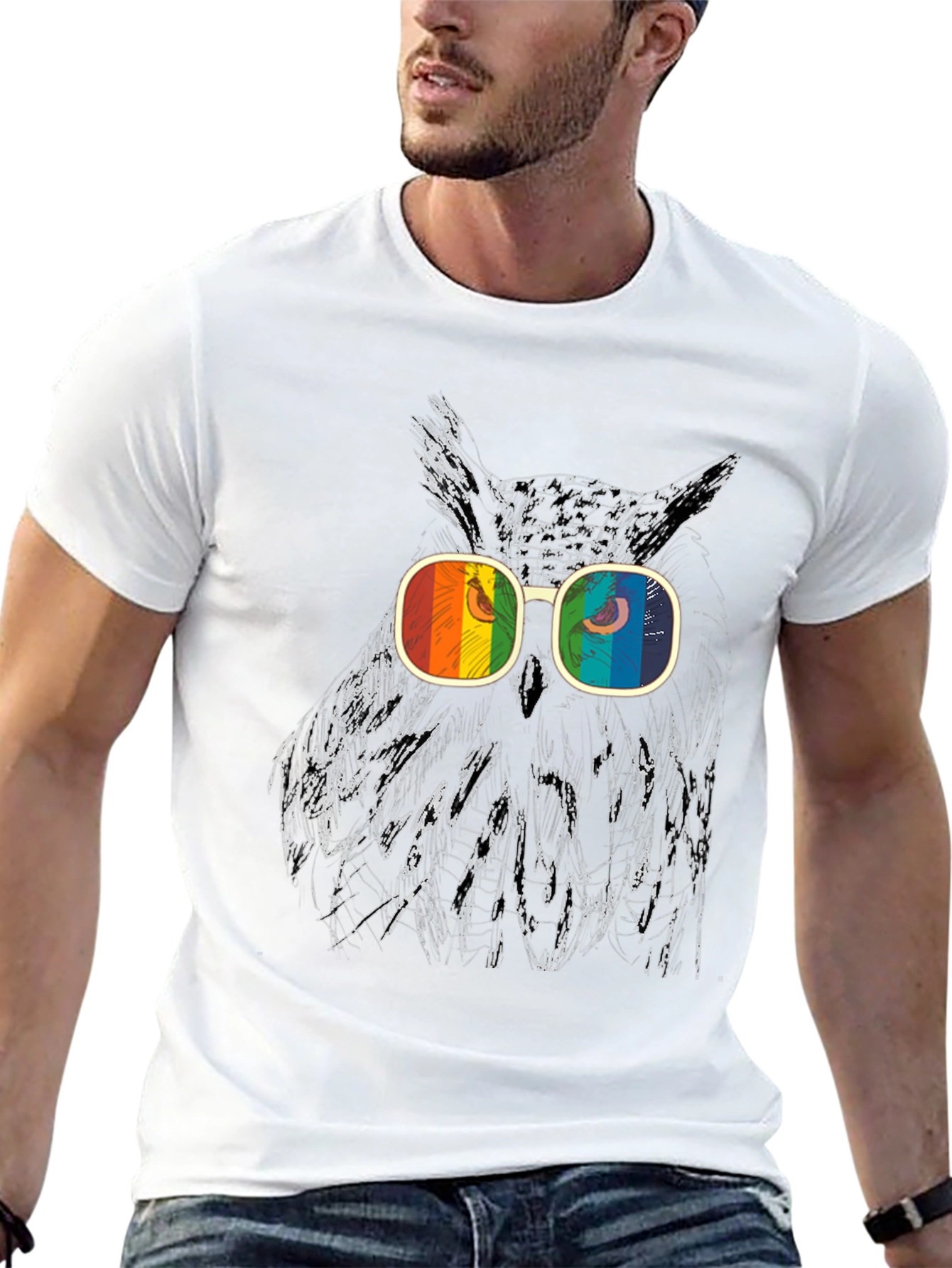 Owl Graphic T-Shirt with Rainbow Glasses