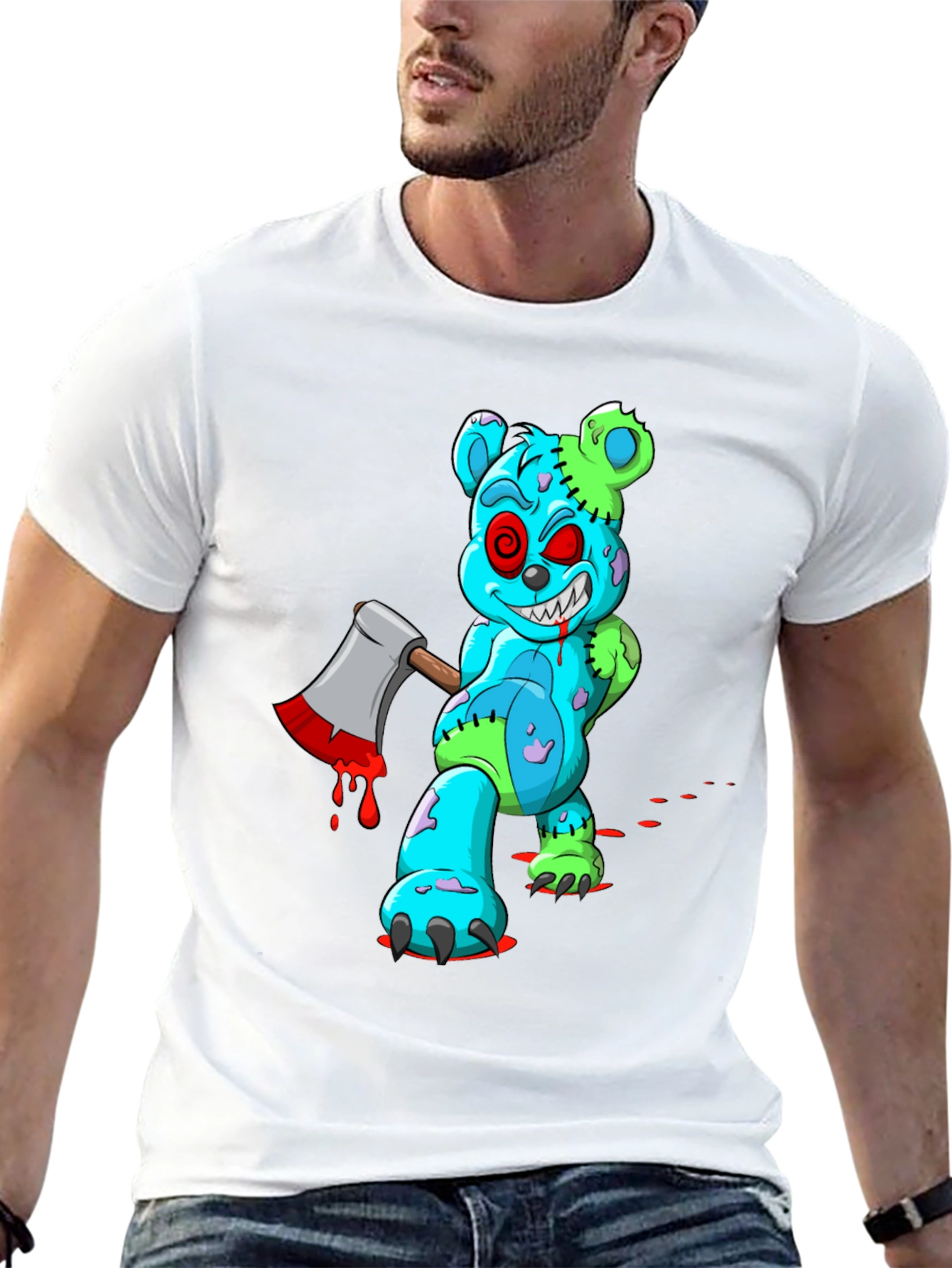 Zombie Teddy Bear Axe Black T-Shirt
