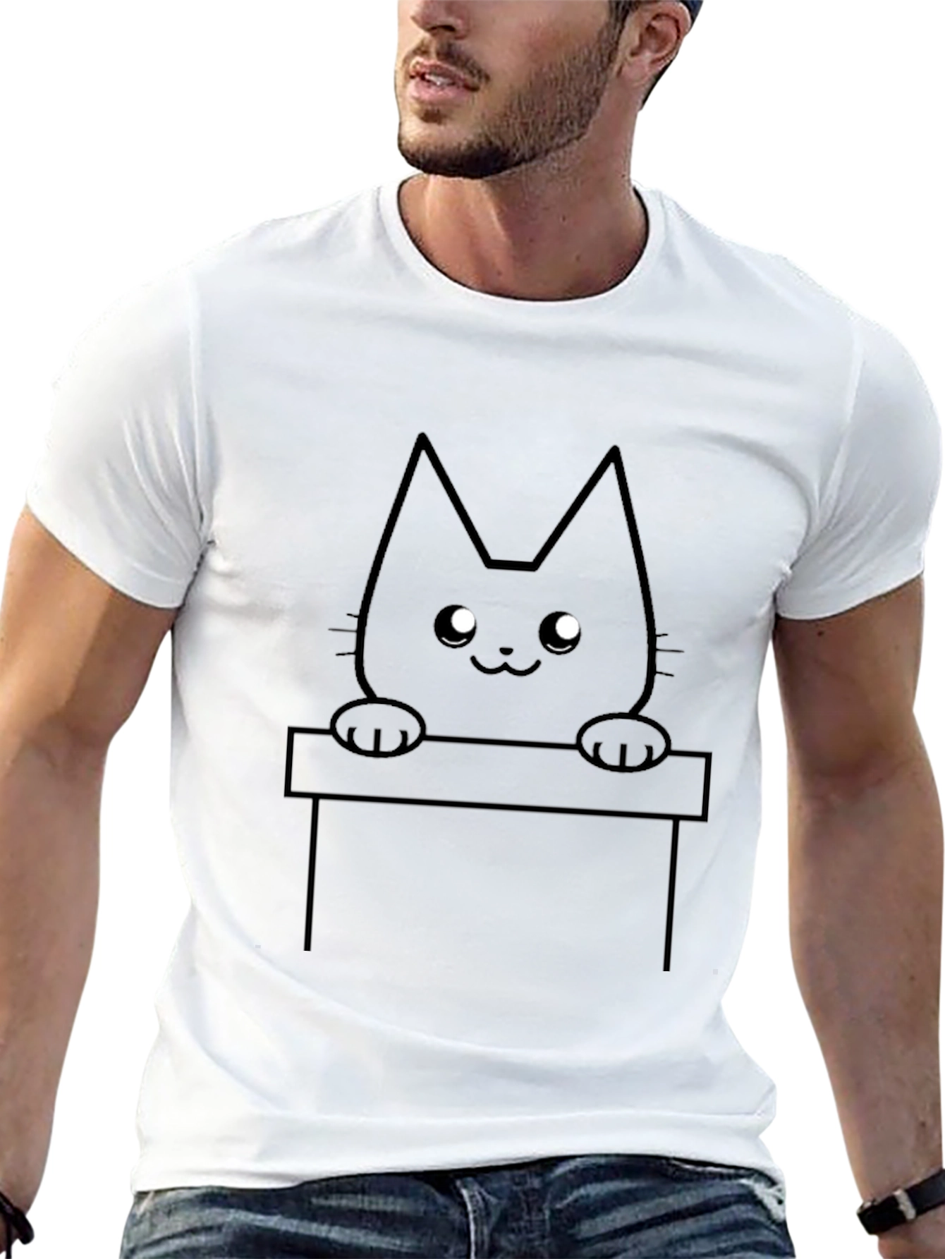 Cute Cat Peekaboo Graphic T-Shirt - Black