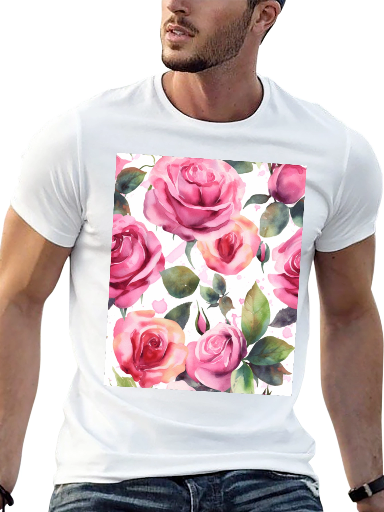 Floral Rose Print Black T-Shirt for Men