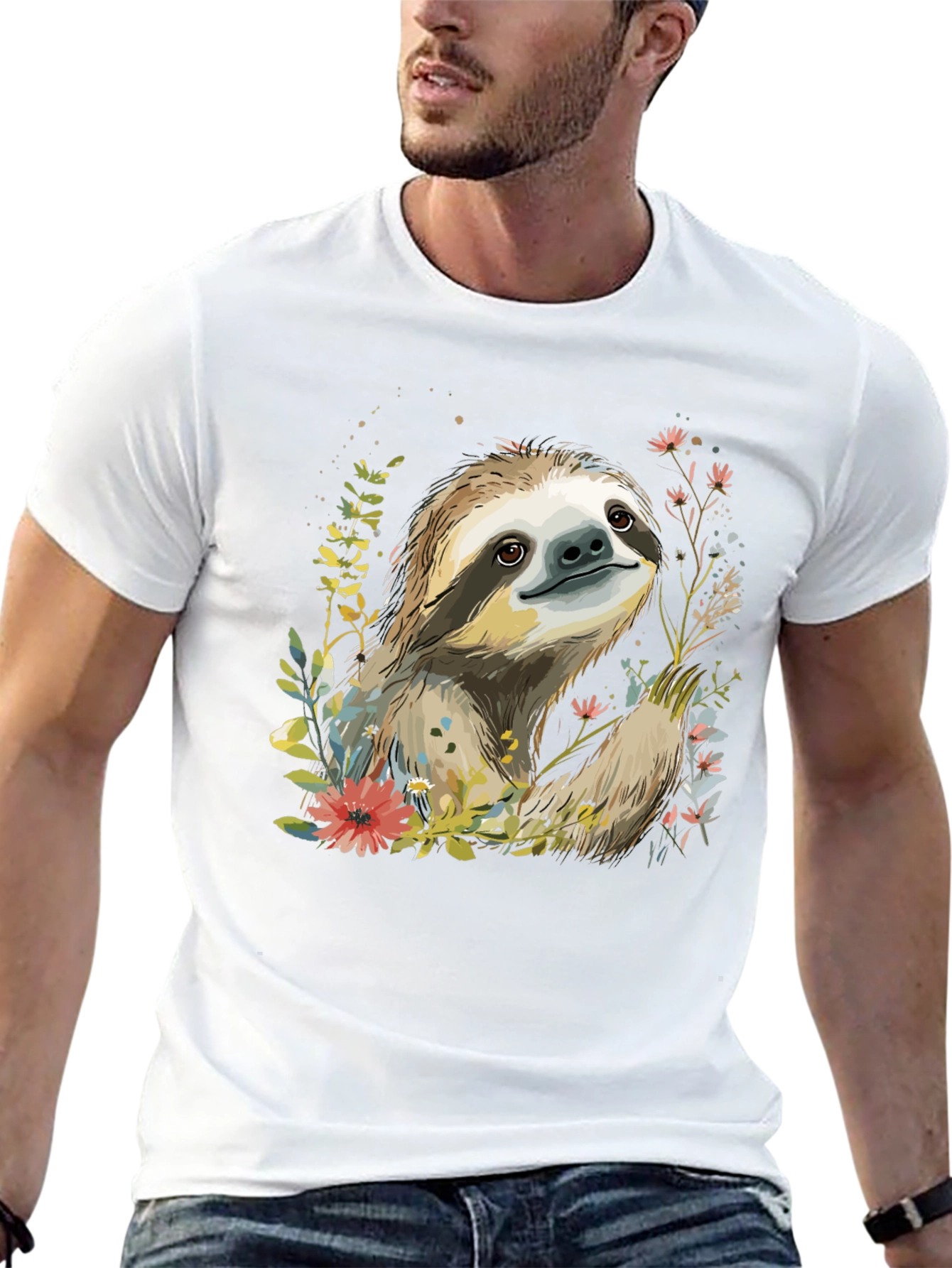 Sloth & Floral Print Black T-Shirt