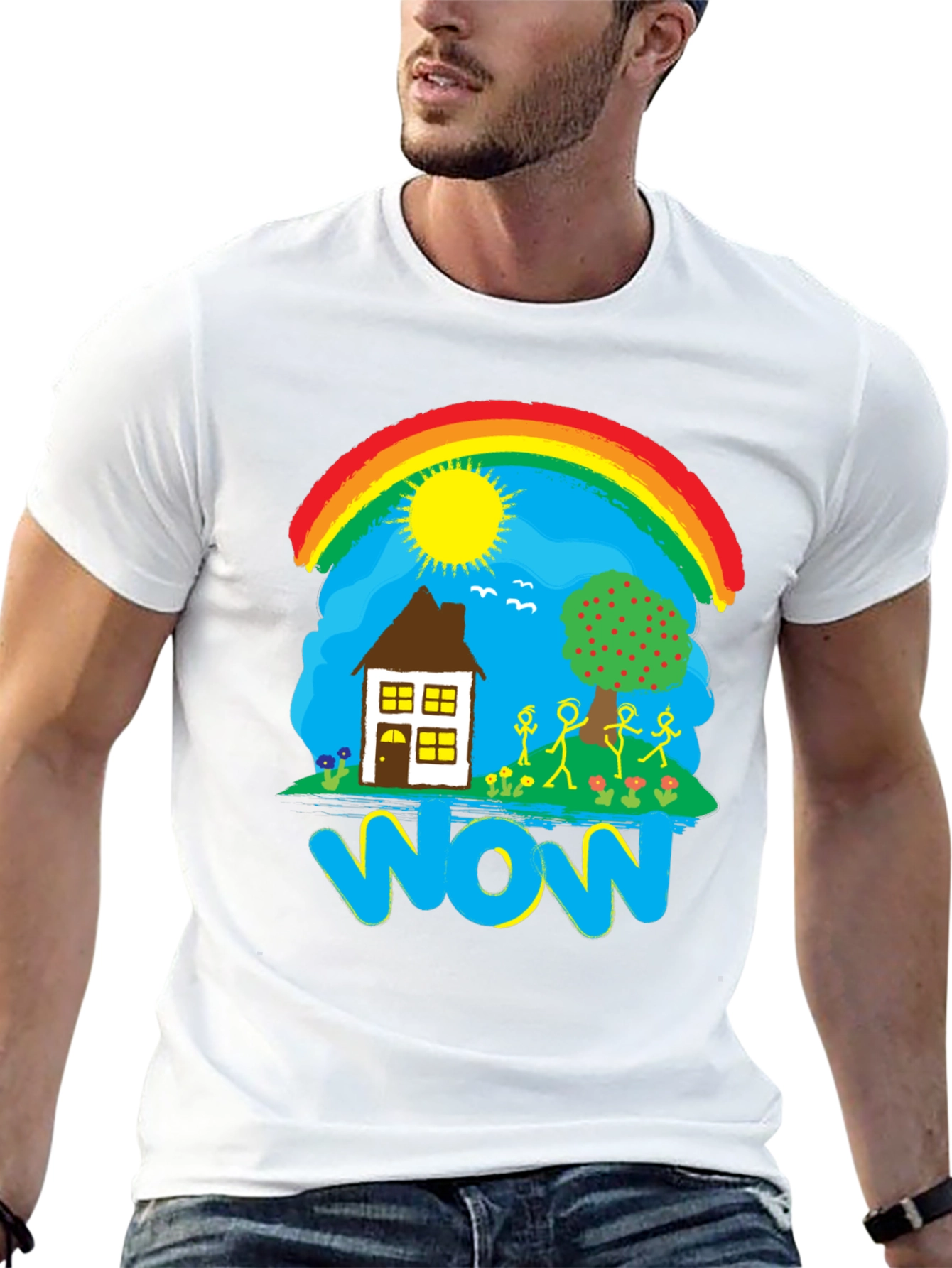 Whimsical WOW T-Shirt - Rainbow House and Stick Figures