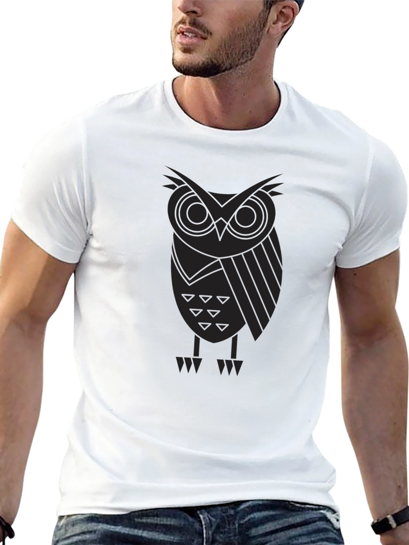 Geometric Owl Print Black T-Shirt