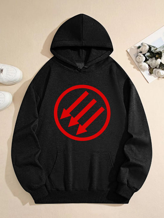 Unisex Streetwear Hoodie – Black Pullover with Red Arrow Circle Graphic, 50% Cotton 50% Polyester Oversized Sweatshirt, Casual Fall Winter Fashion Top