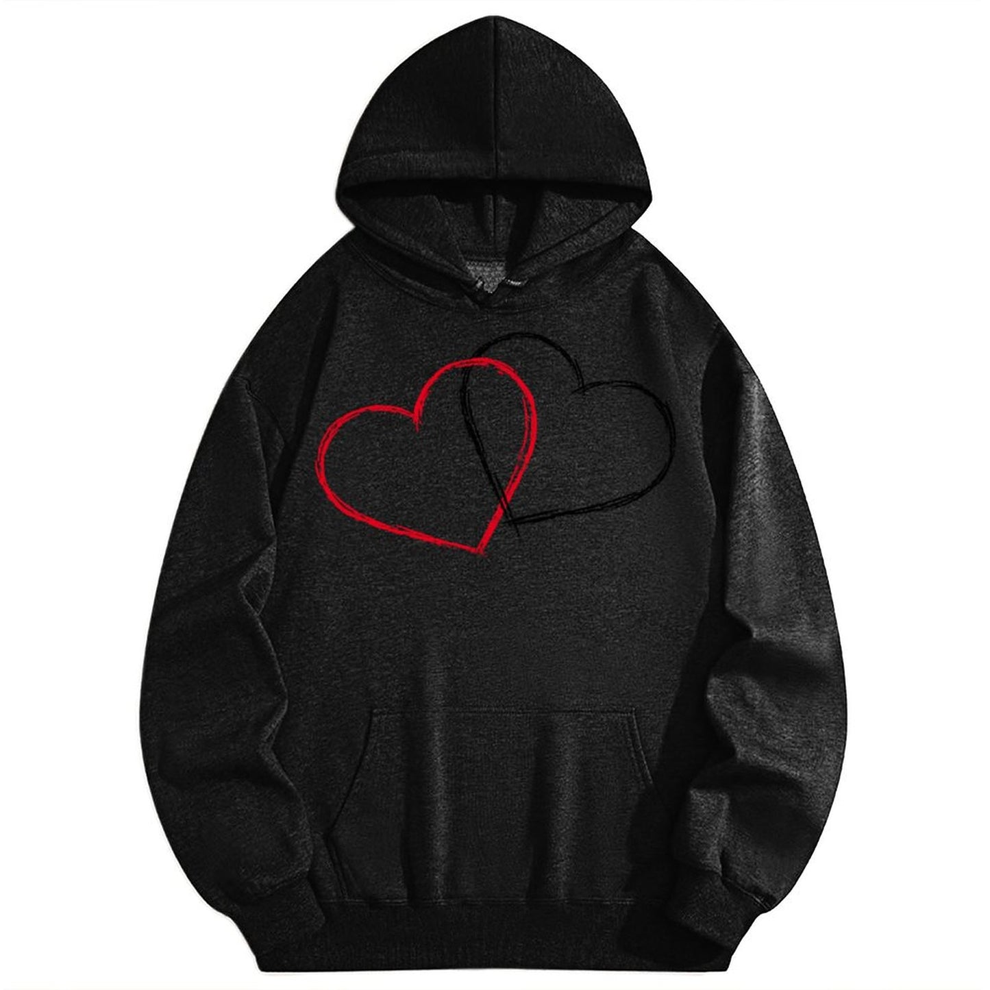 Minimalist Double Heart Hoodie – Romantic Line Art Pullover, Unisex Black Casual Sweatshirt for Couples & Everyday Wear