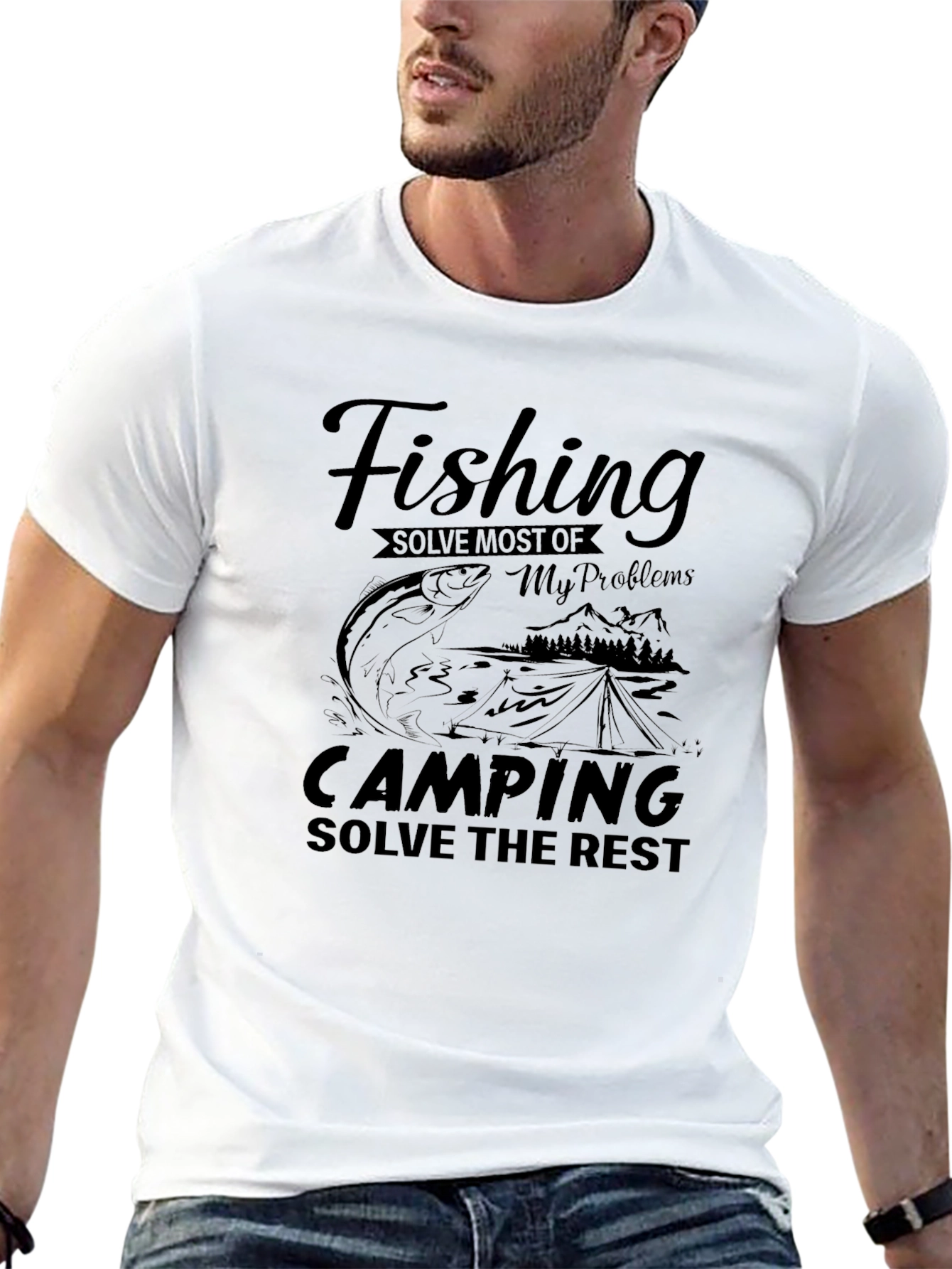 Fishing Camping Solve Problems Black Graphic Tee