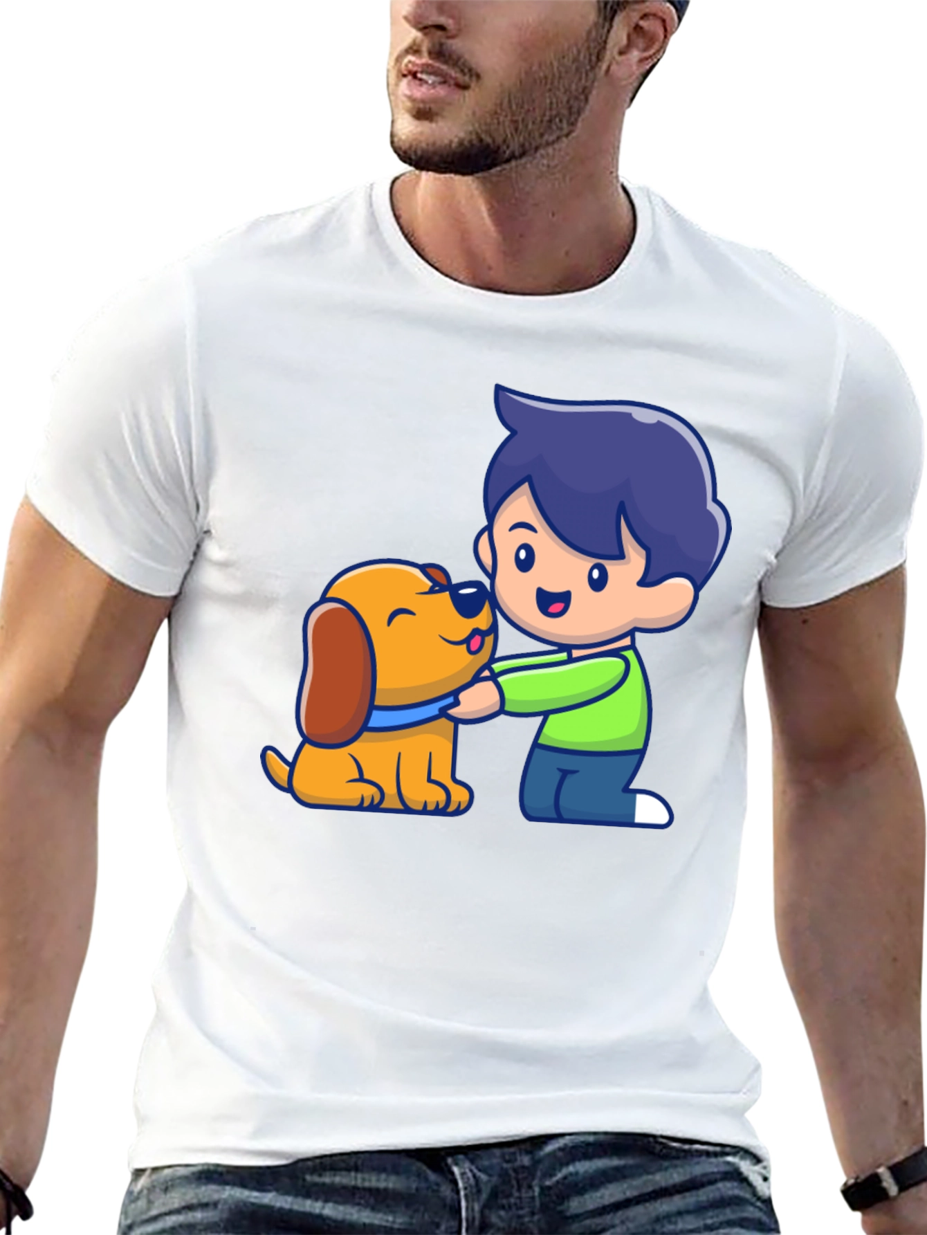 Boy and Dog Cartoon Graphic T-Shirt