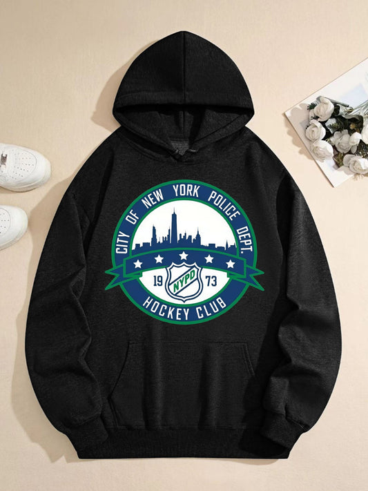 Unisex City Skyline Hockey Club Hoodie – Vintage Sports Graphic Pullover, Black Oversized Streetwear Sweatshirt for Everyday Casual Style