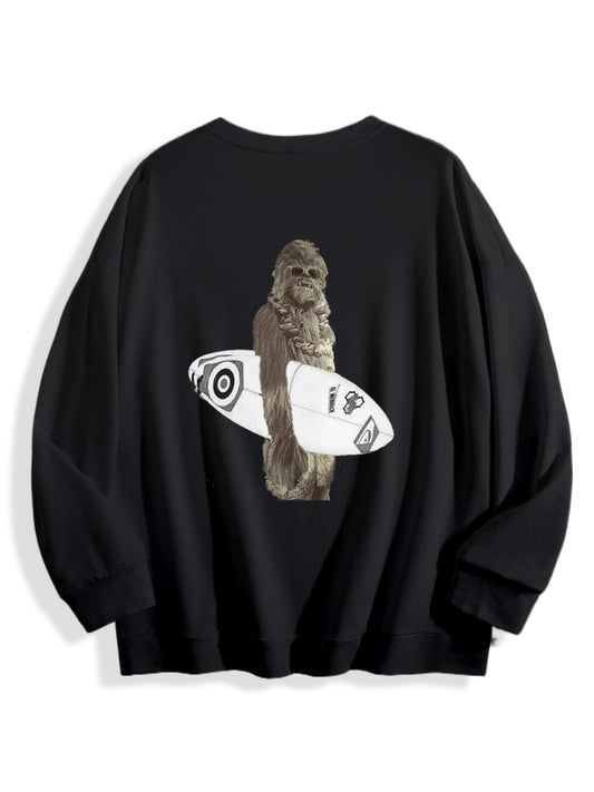 Unisex Funny Surfing Graphic Sweatshirt – Cool Beach Style Cartoon Character Pullover, Black Crewneck Oversized Streetwear Top for Casual Wear
