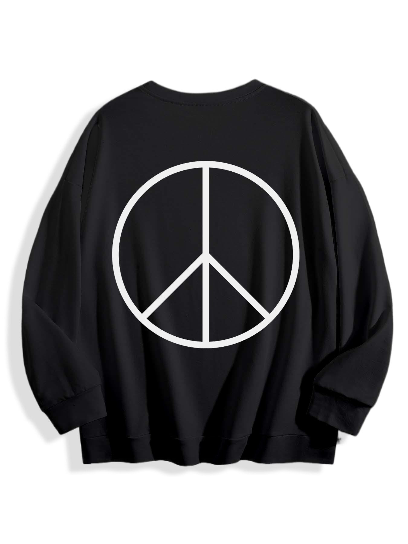 Unisex Peace Symbol Graphic Sweatshirt – Minimalist Black Pullover with White Peace Sign Print, Oversized Streetwear Crewneck for Everyday Casual Style