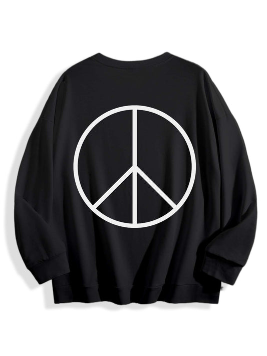 Unisex Peace Symbol Graphic Sweatshirt – Minimalist Black Pullover with White Peace Sign Print, Oversized Streetwear Crewneck for Everyday Casual Style