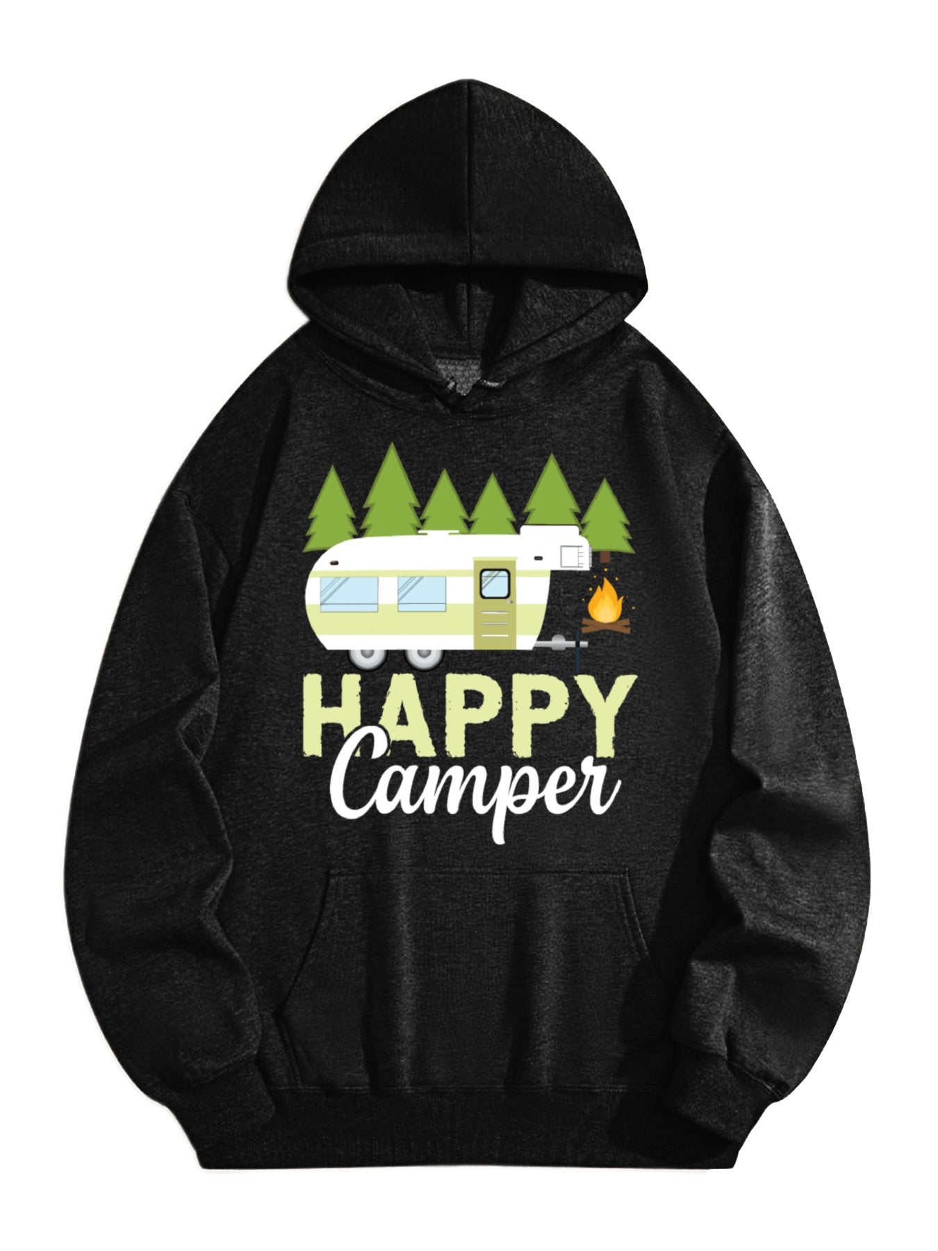 Unisex “Happy Camper” Graphic Hoodie – Cozy Camping Sweatshirt with Forest and Camper Print, Black Casual Outdoor Pullover