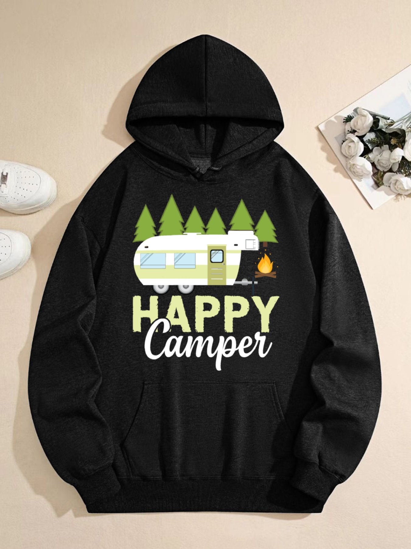 Unisex “Happy Camper” Graphic Hoodie – Cozy Camping Sweatshirt with Forest and Camper Print, Black Casual Outdoor Pullover