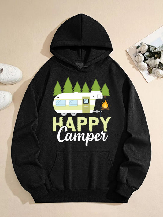 Unisex “Happy Camper” Graphic Hoodie – Cozy Camping Sweatshirt with Forest and Camper Print, Black Casual Outdoor Pullover