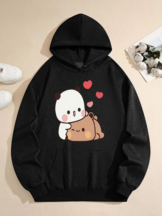 Cute Panda & Bear Love Hoodie – Kawaii Cartoon Couple Graphic Pullover, Black Soft Unisex Casual Sweatshirt for Animal Lovers