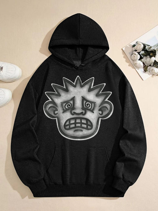 Unisex Oversized Hoodie – Unique Cartoon Face Graphic Sweatshirt, Black Pullover with Bold Expression Design, 50% Cotton 50% Polyester Casual Streetwear Top for Men and Women