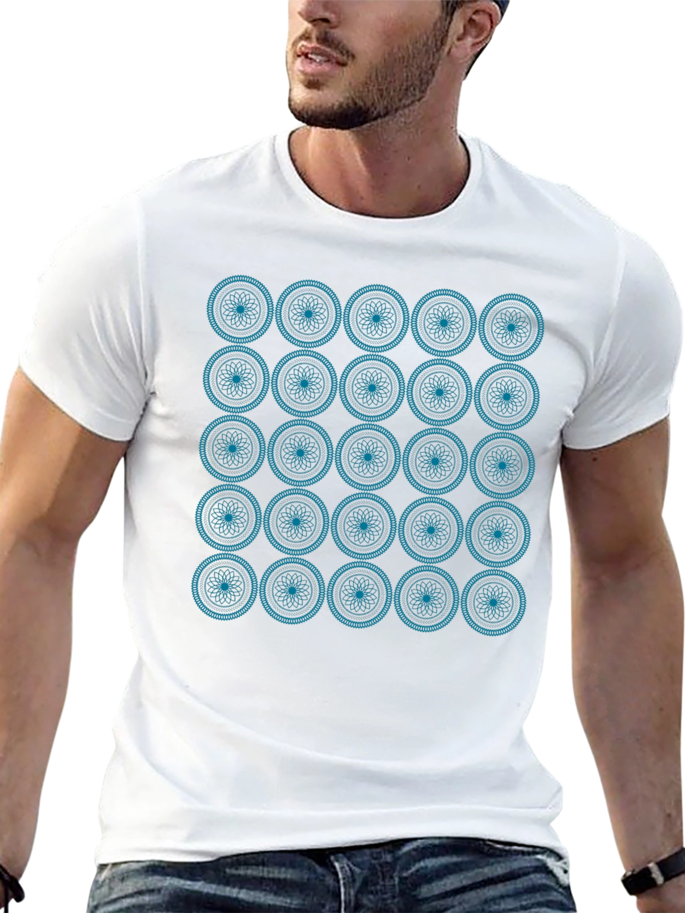 Geometric Teal Pattern Black T-Shirt
