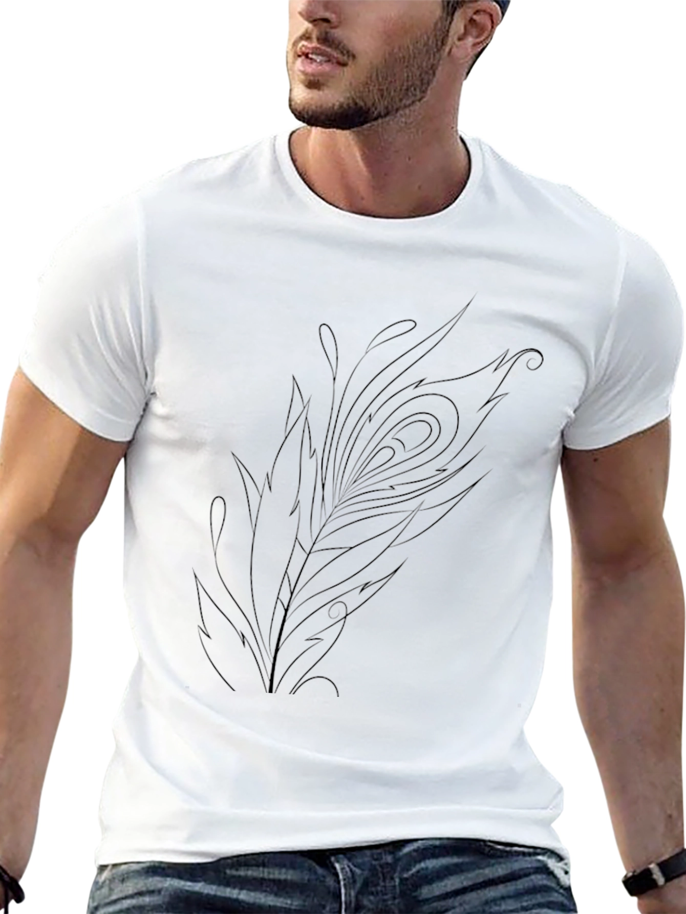 Mens Black Tee with Peacock Feather Design