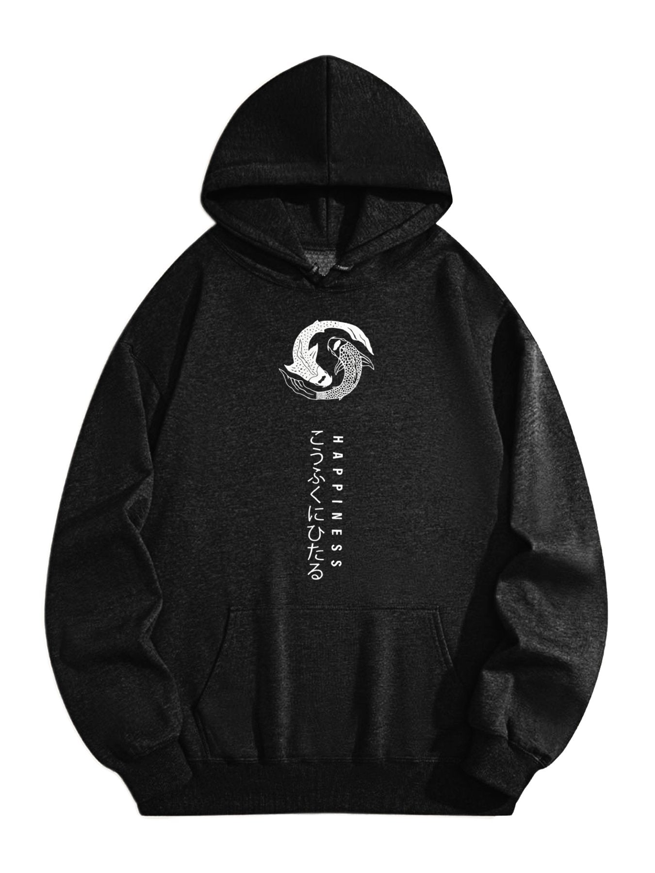 Japanese Koi Yin-Yang Hoodie – Minimalist Happiness Graphic Pullover, Zen-Inspired Black Streetwear Sweatshirt for Men & Women