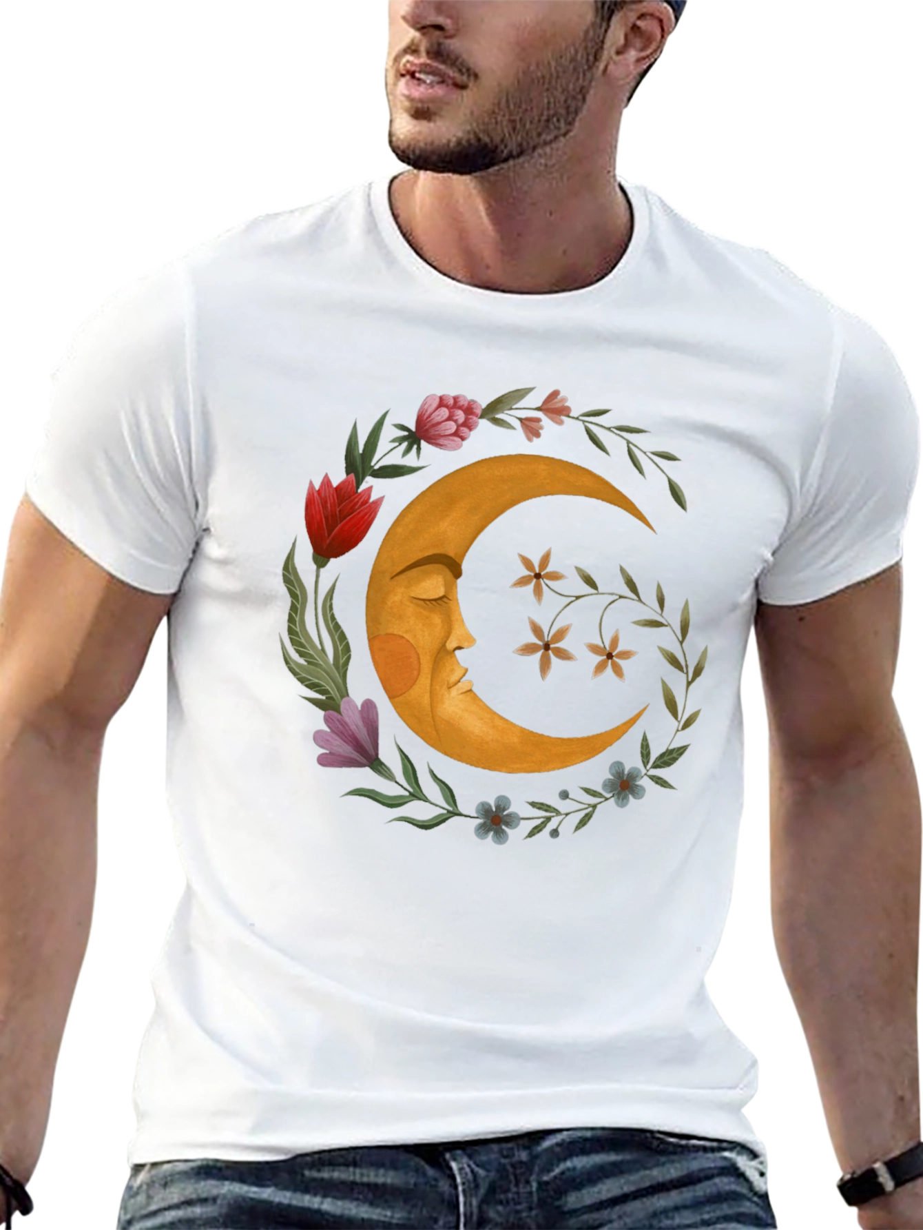Celestial Crescent Moon Floral Graphic T-Shirt