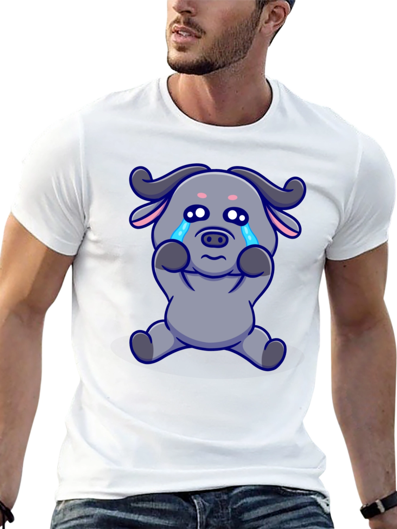 Crying Cartoon Buffalo Graphic T-Shirt - Black