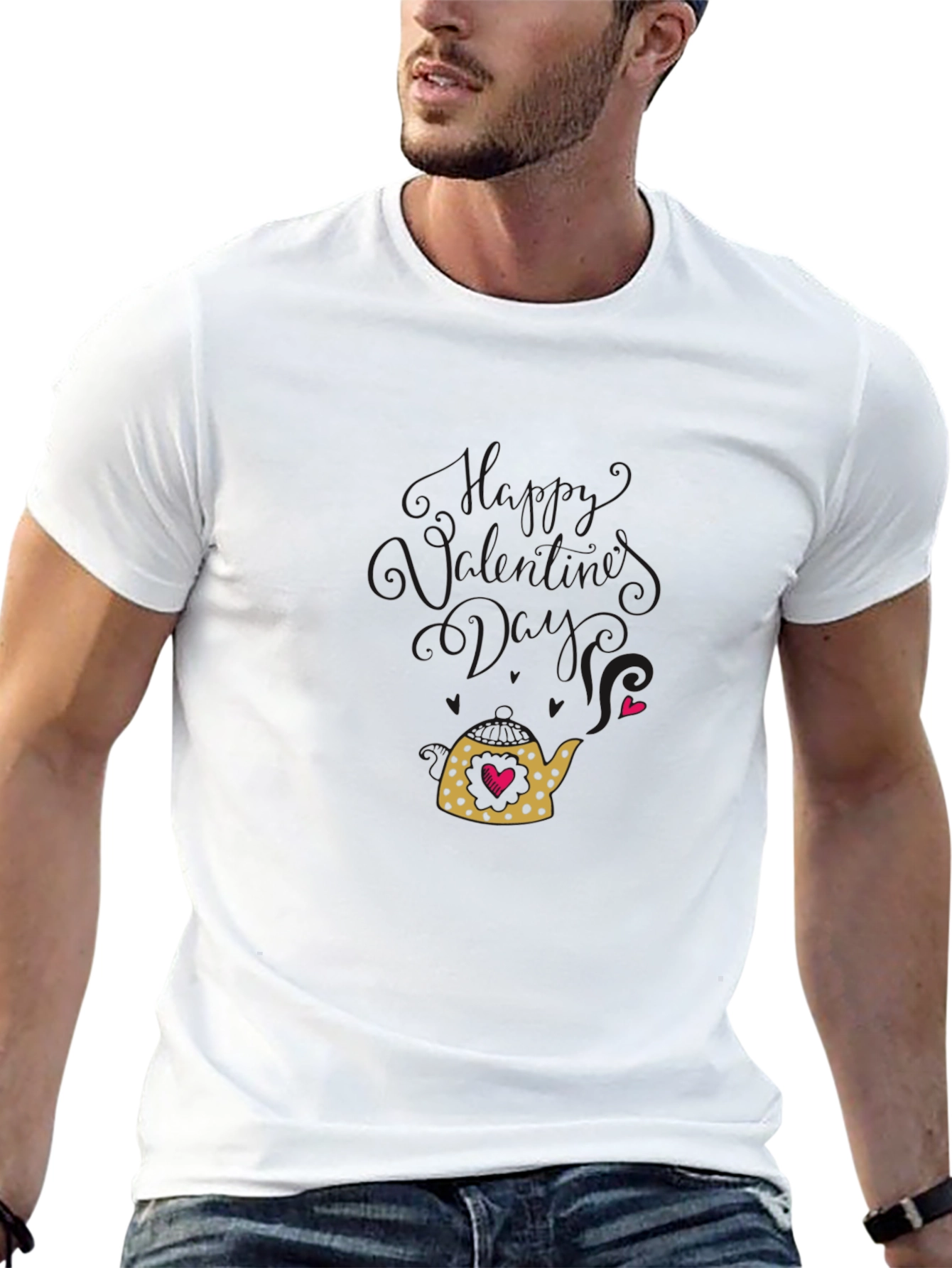 Heart Teapot Graphic Tee - Black Cotton Casual T-Shirt