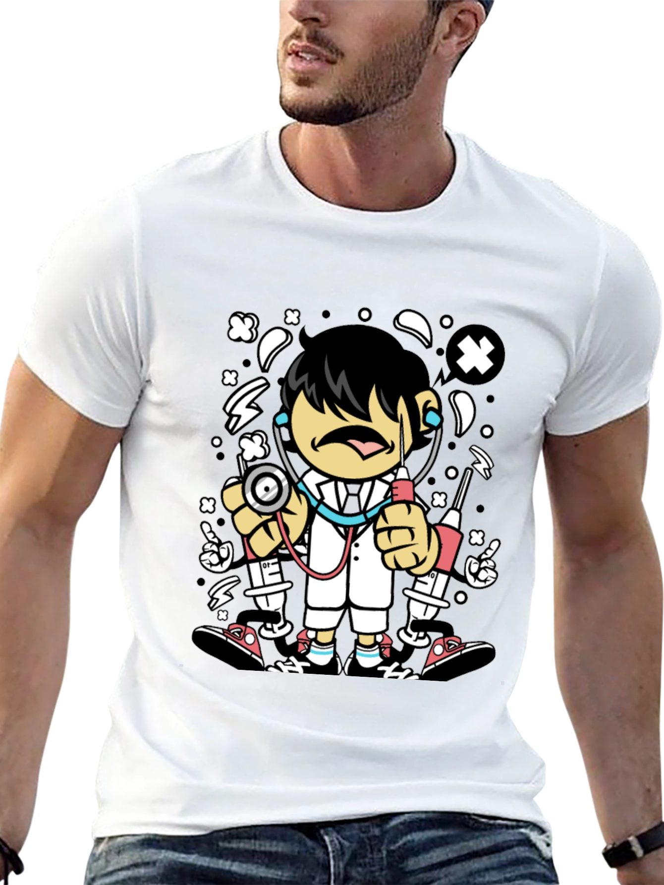 Cartoon Doctor Graphic Tee - Black Cotton T-Shirt