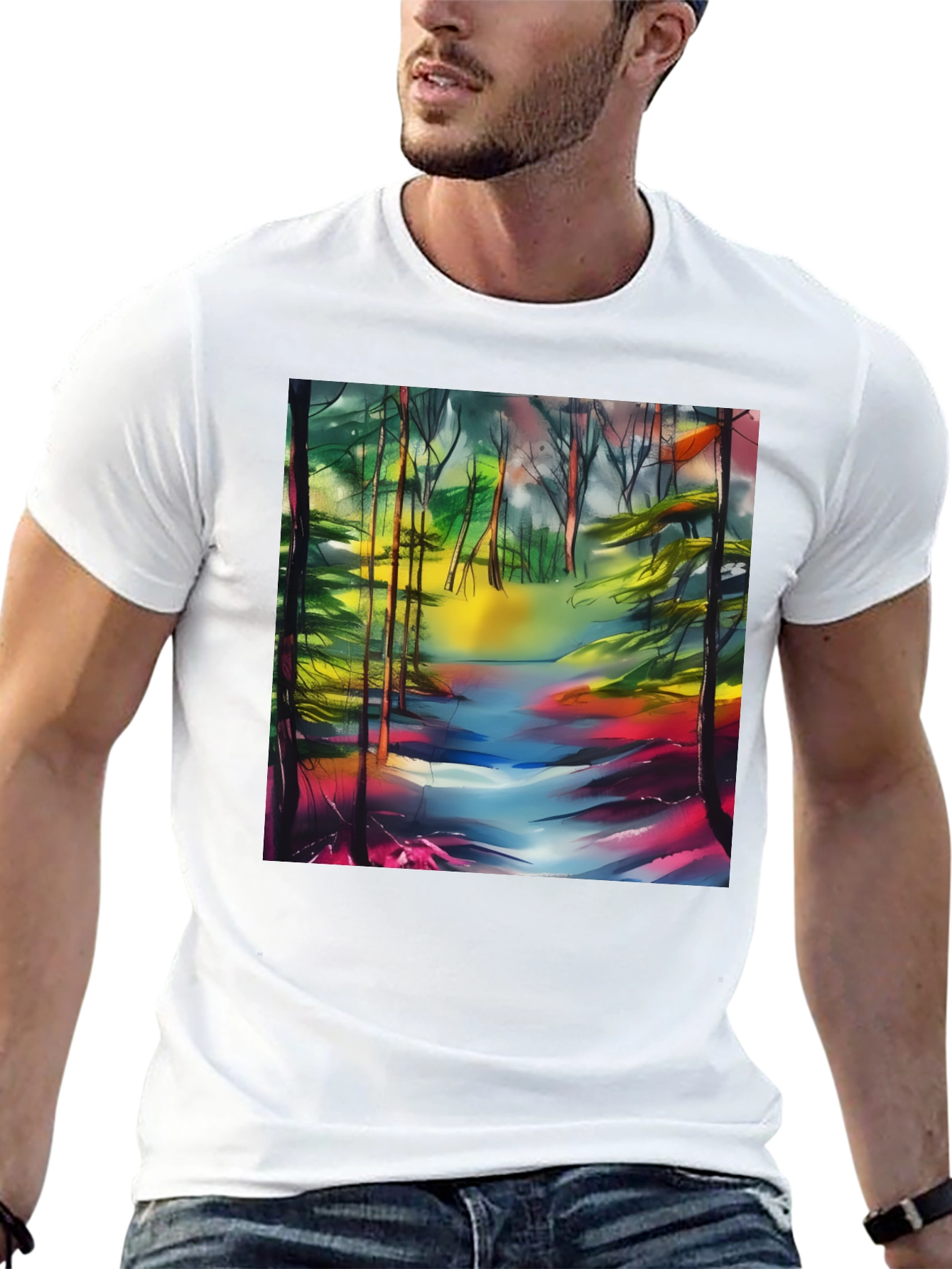 Vibrant Forest Stream T-Shirt - Artistic Nature Print