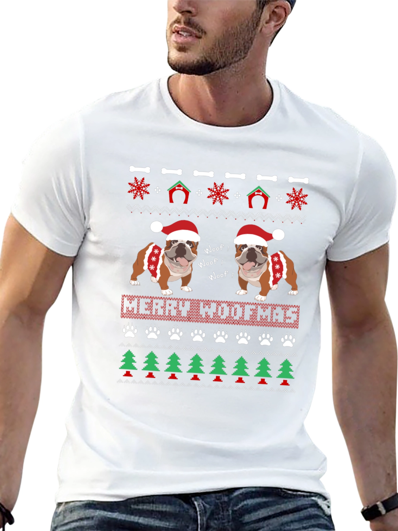 Merry Woofmas Bulldog Christmas Ugly Sweater T-Shirt