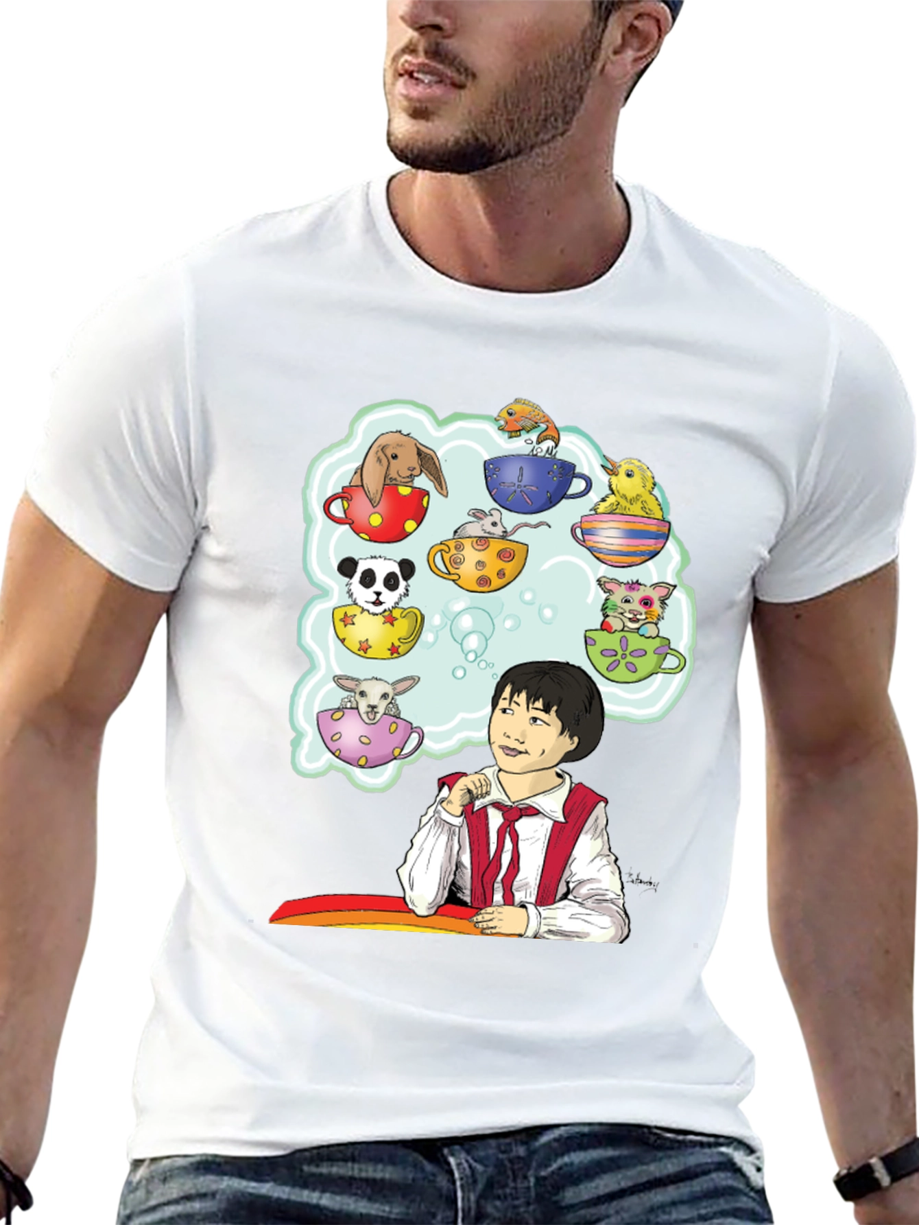 Cute Teacup Animals Graphic Tee - Whimsical Black T-Shirt