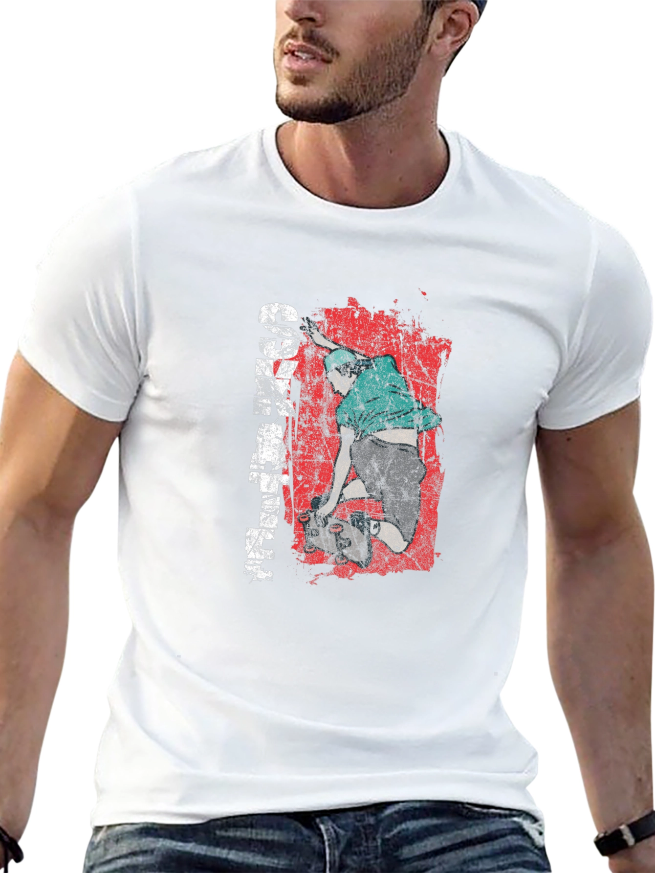 Skateboarder Graphic Tee - Distressed Red Black Cotton Shirt