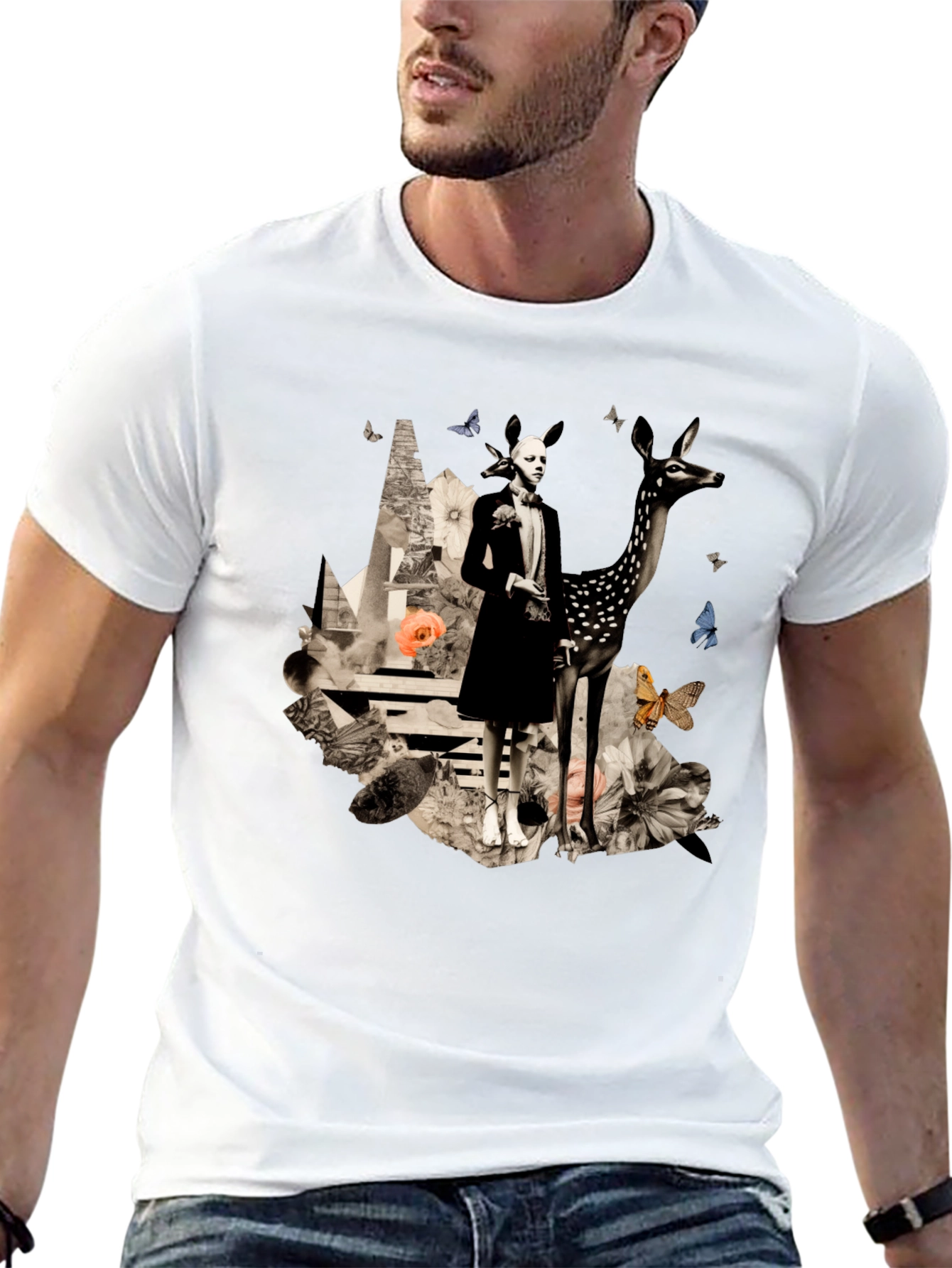Artistic Deer & Figure Print Black T-Shirt