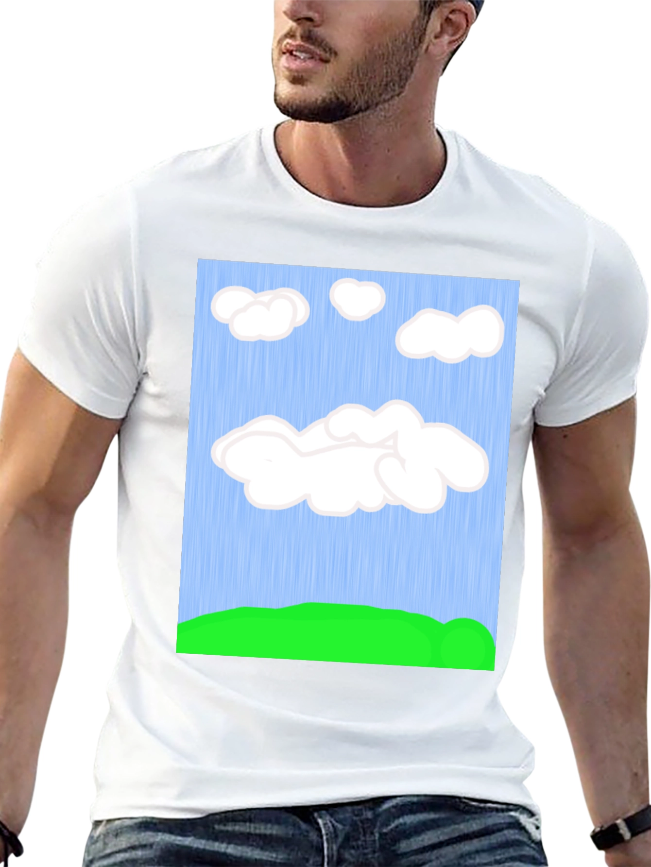 Cartoon Clouds T-Shirt - Sky & Green Field Design